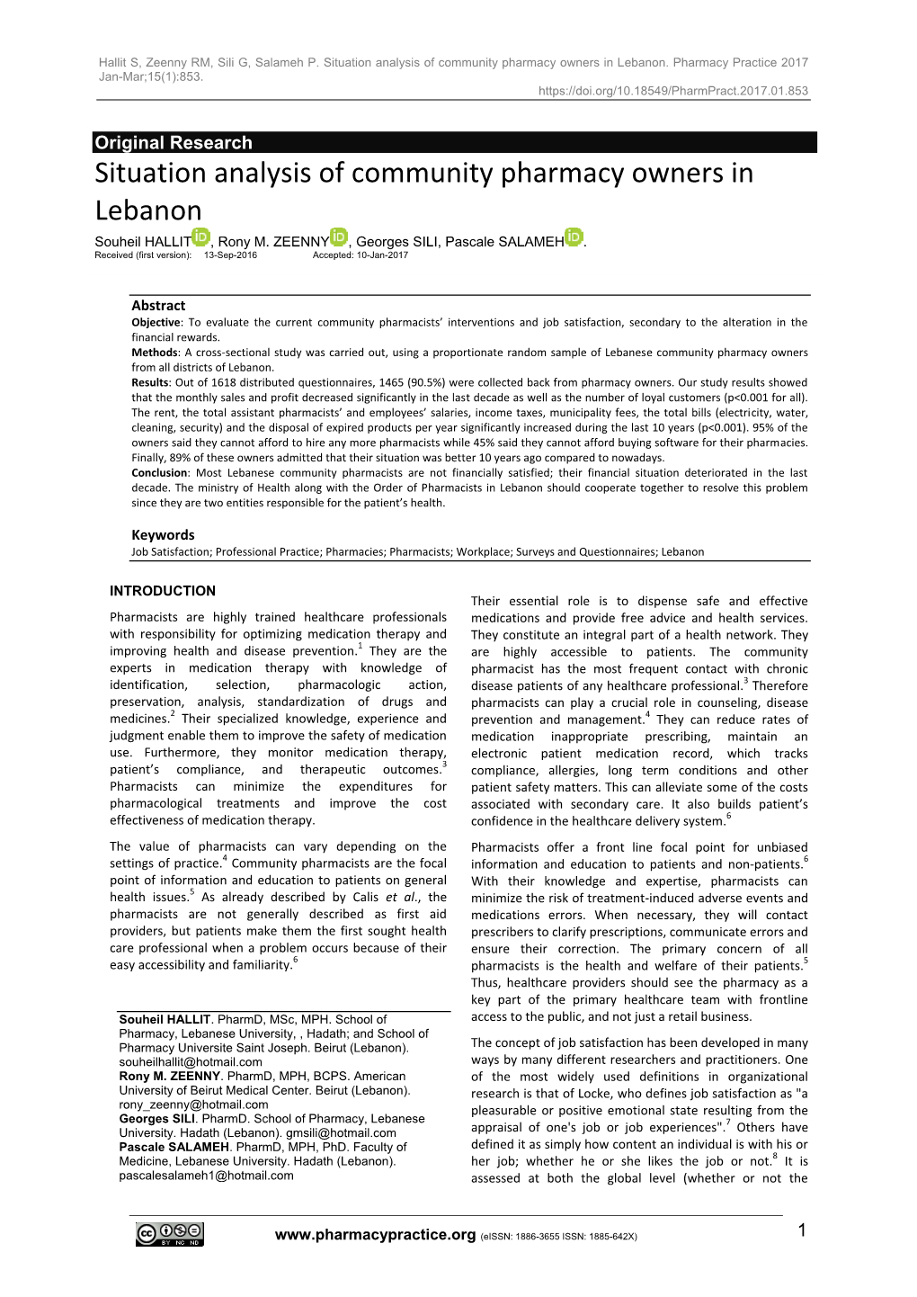 Situation Analysis of Community Pharmacy Owners in Lebanon