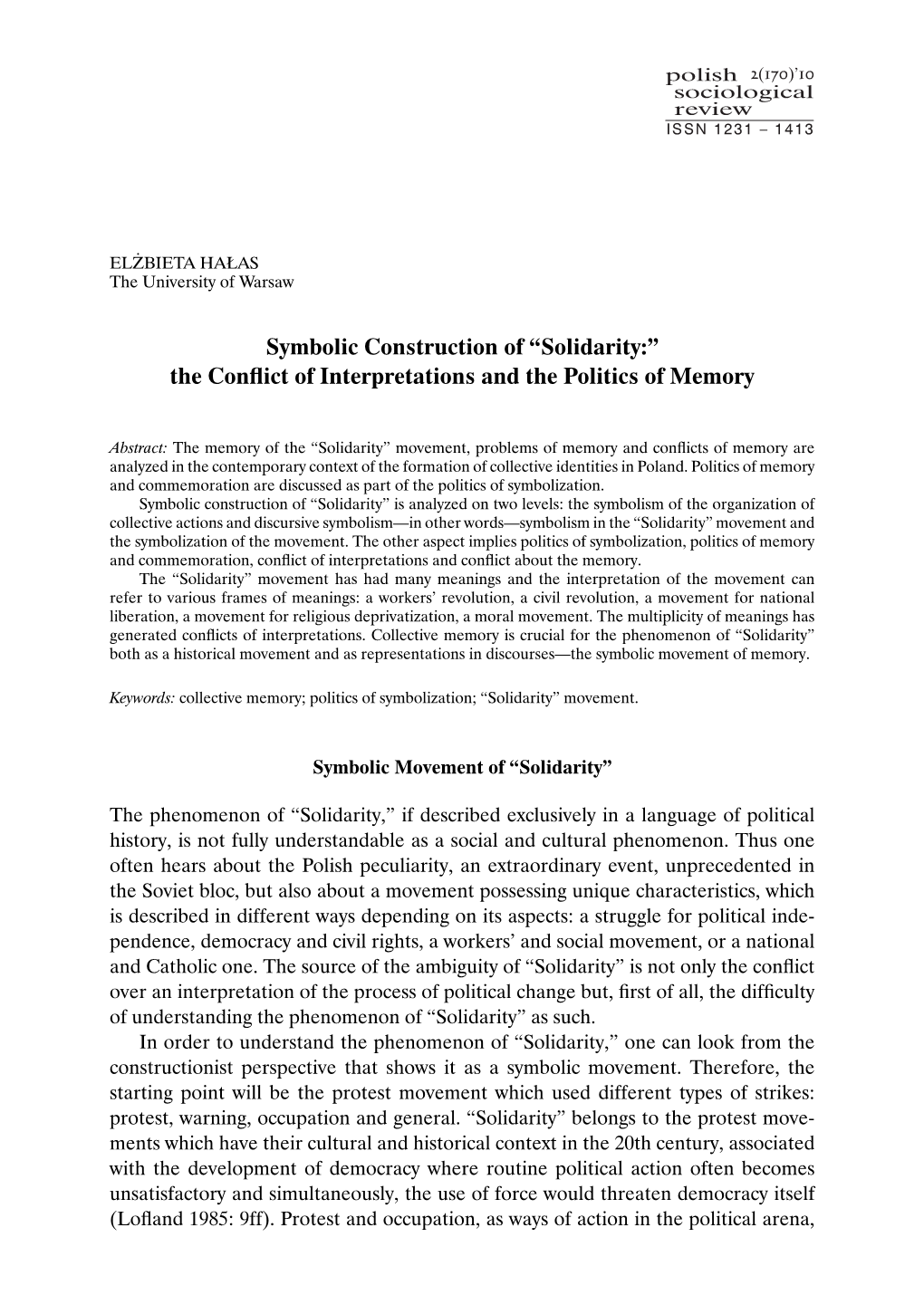 Symbolic Construction of “Solidarity:” the Conﬂict of Interpretations and the Politics of Memory