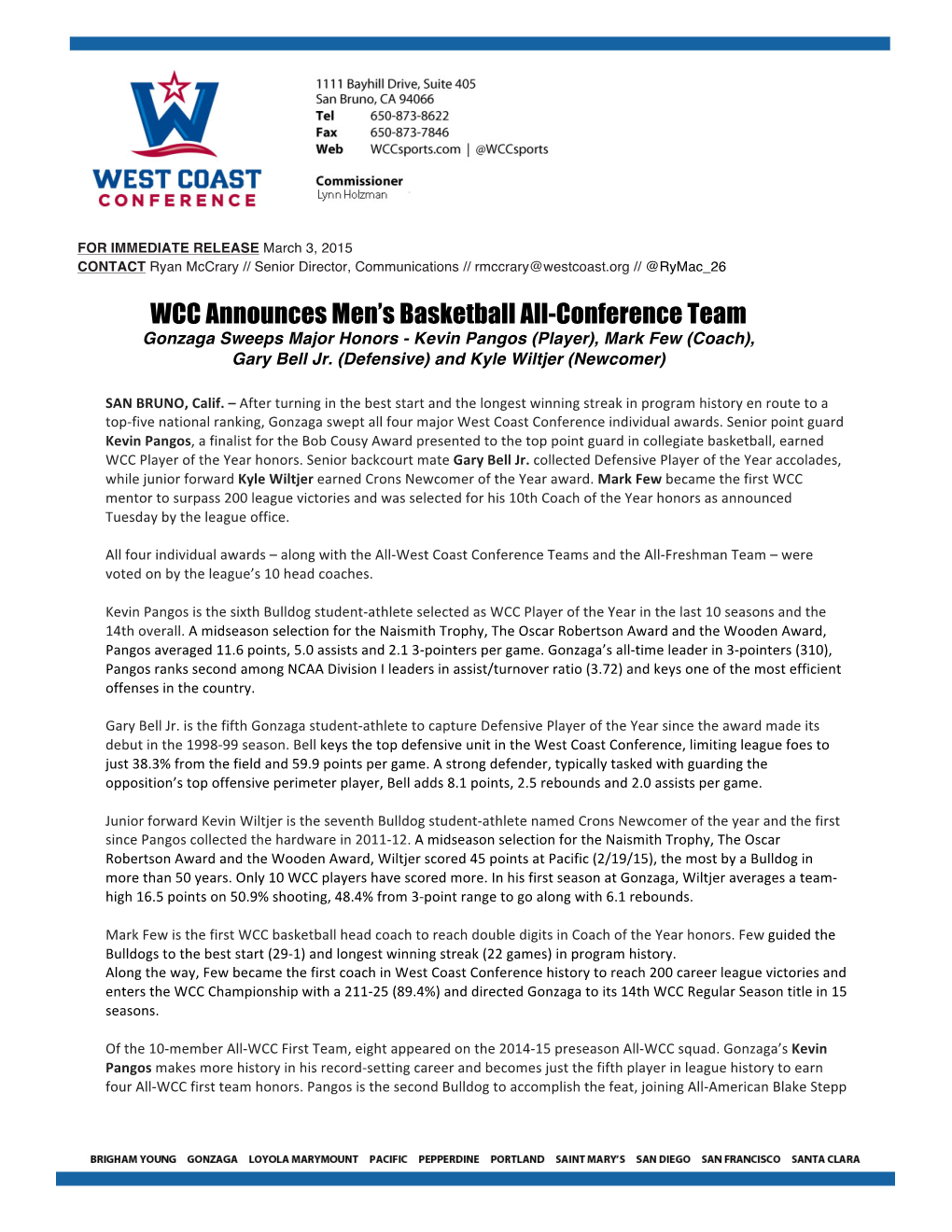 WCC Announces Men's Basketball All-Conference Team