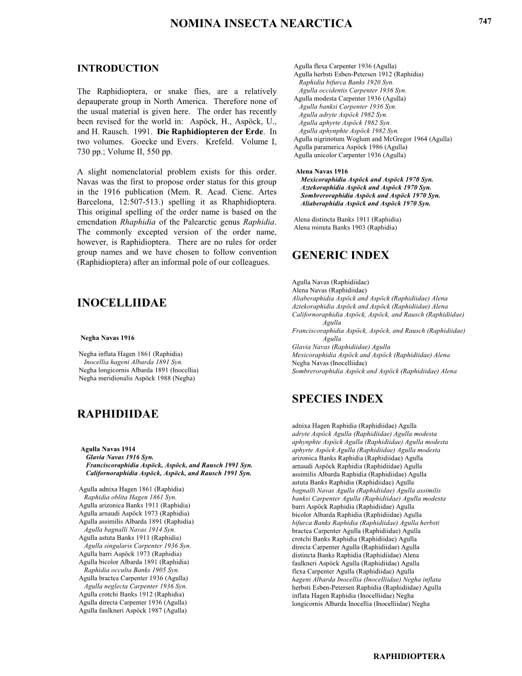 Nomina Insecta Nearctica Inocelliidae Raphidiidae Generic Index Species Index