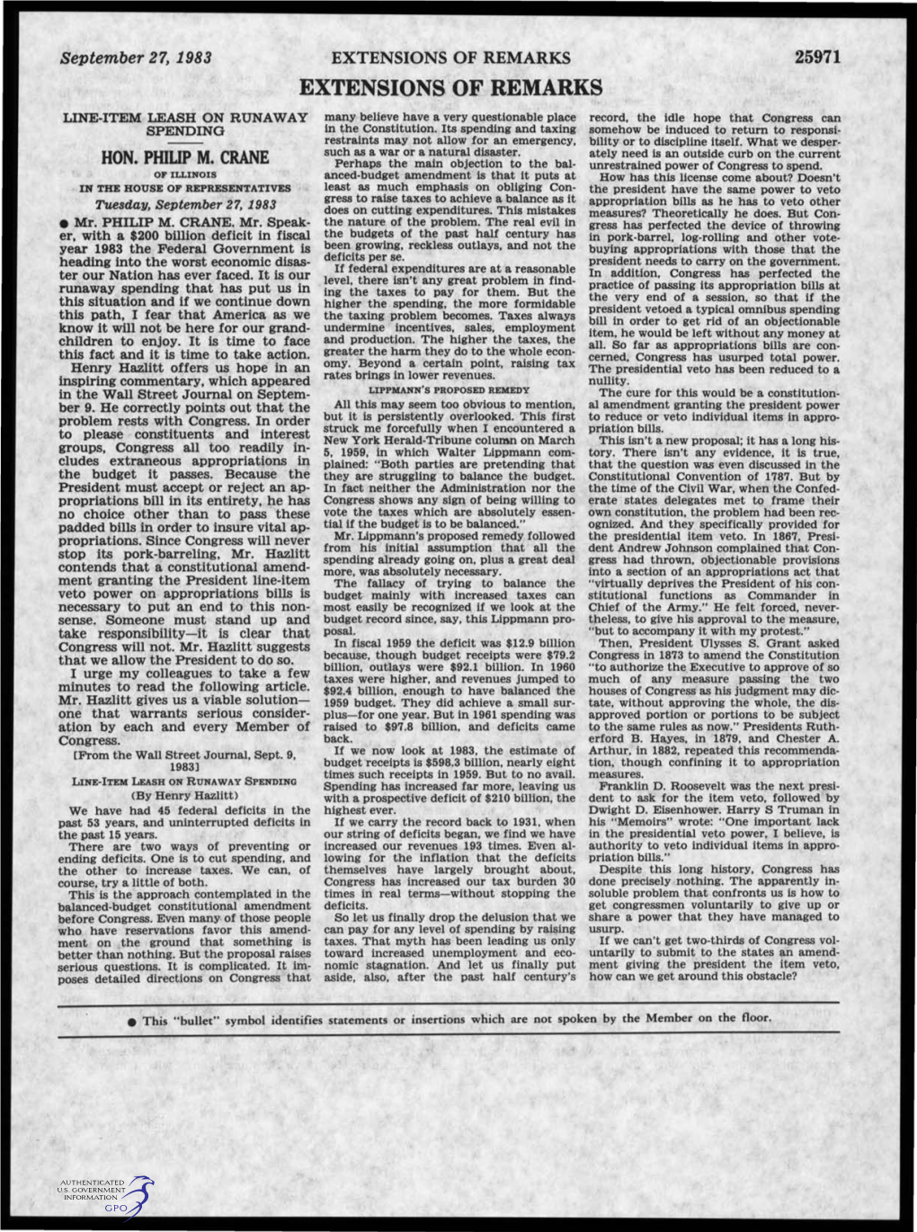 Extensions-Of REMARKS LINE-ITEM LEASH on RUNAWAY Many Believe Have a Very Questionable Place Record, the Idle Hope That Congress Can SPENDING in the Constitution