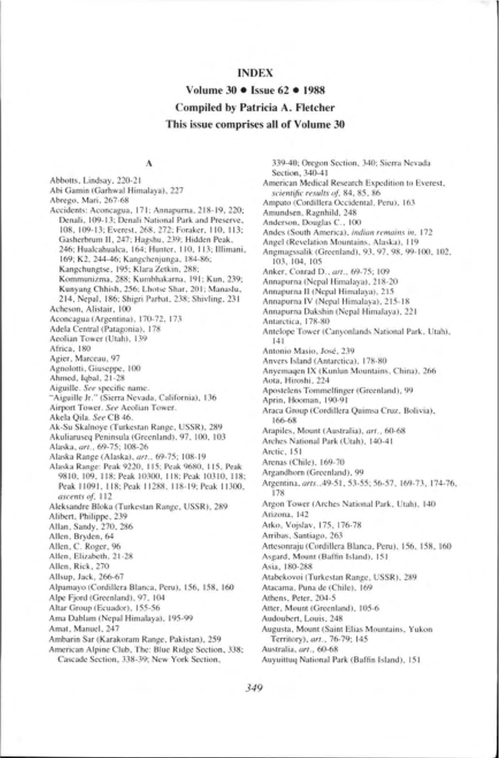 INDEX Volume 30 L Issue 62 L 1988 Compiled by Patricia A. Fletcher This Issue Comprises All of Volume 30