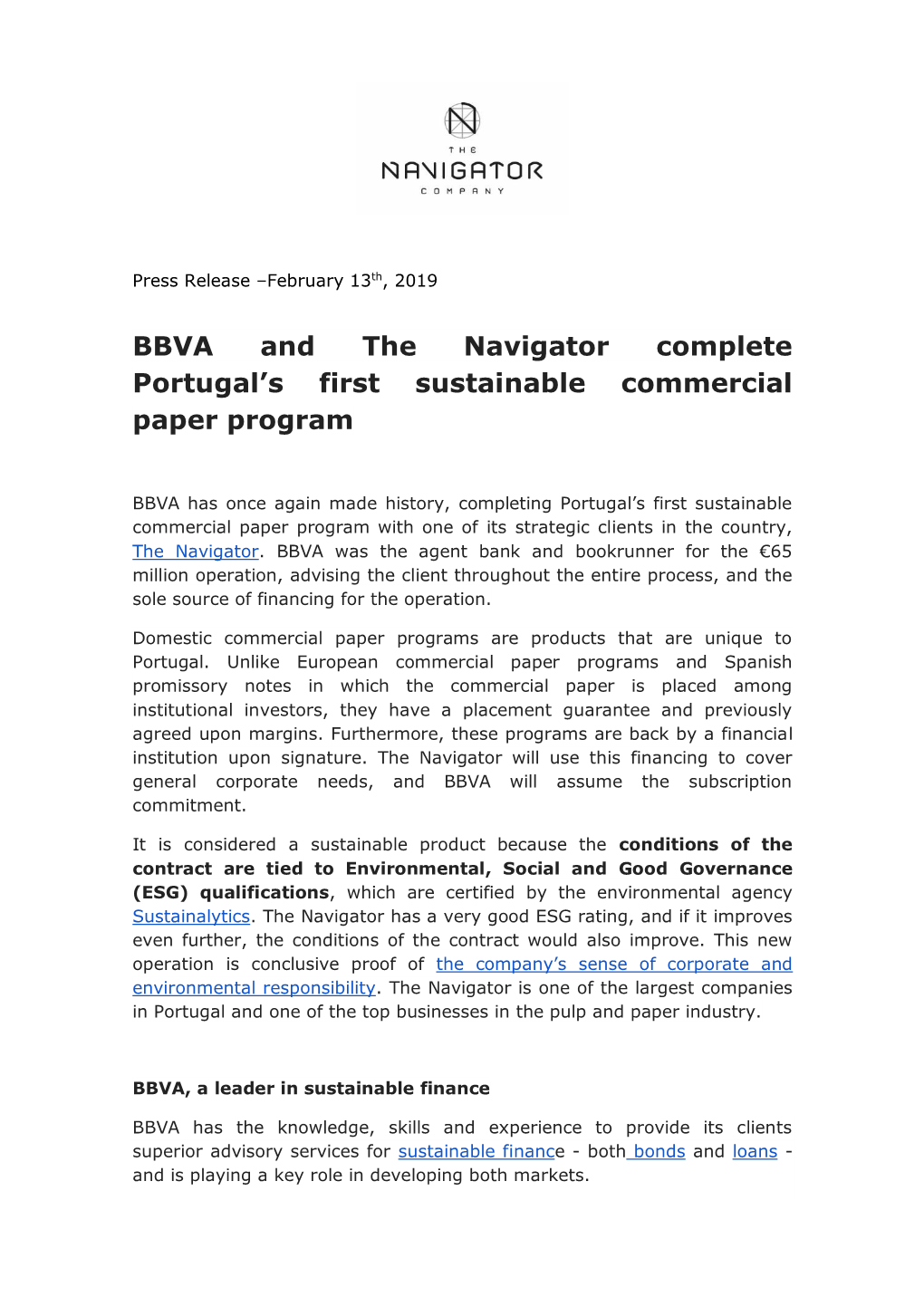 BBVA and the Navigator Complete Portugal's First Sustainable