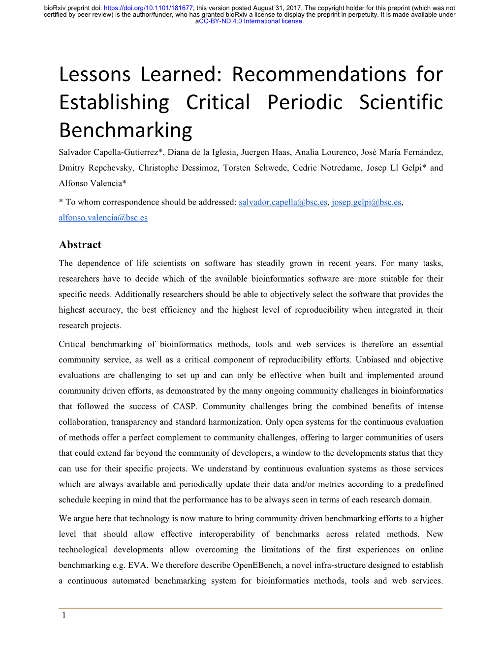 Lessons Learned: Recommendations for Establishing Critical Periodic Scientific Benchmarking