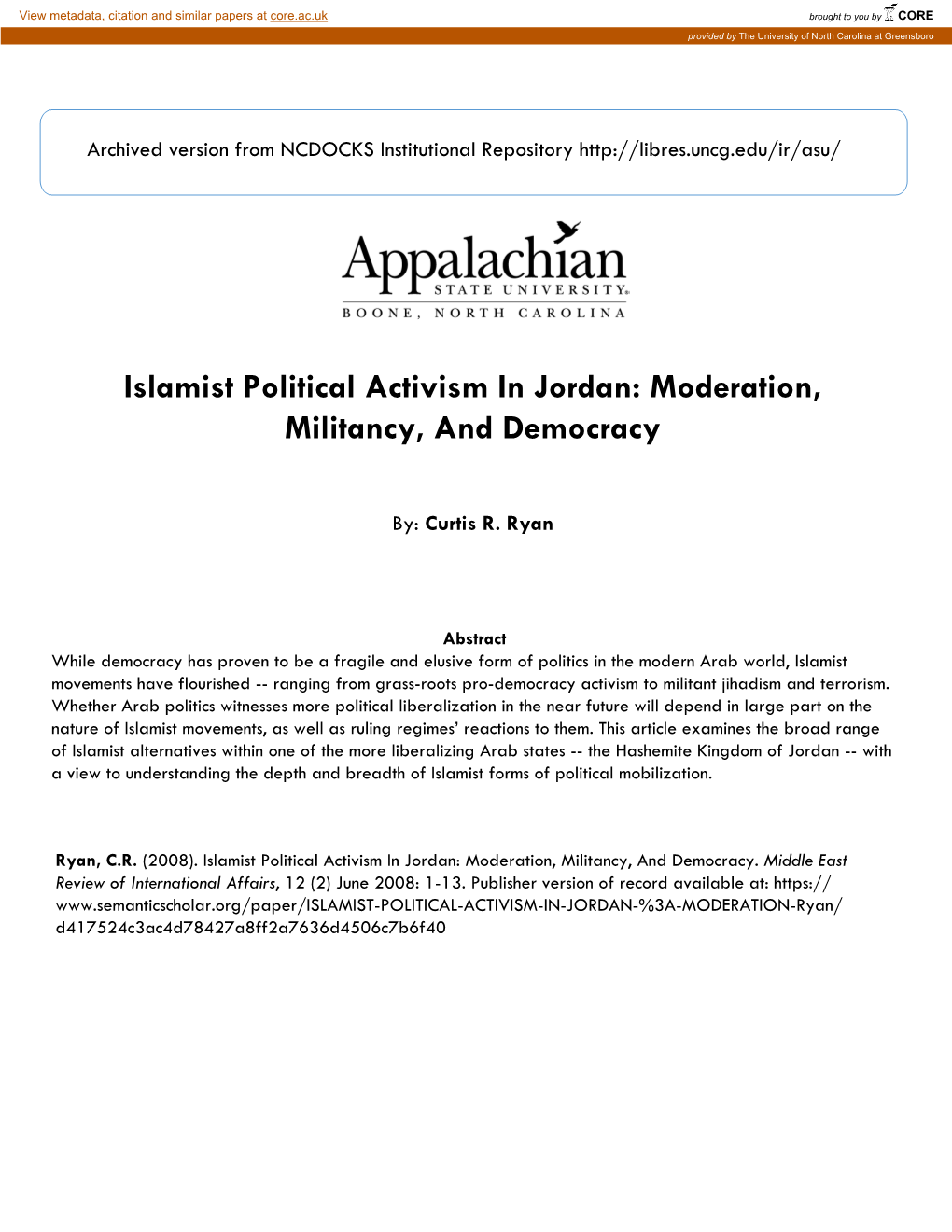 Islamist Political Activism in Jordan: Moderation, Militancy, and Democracy