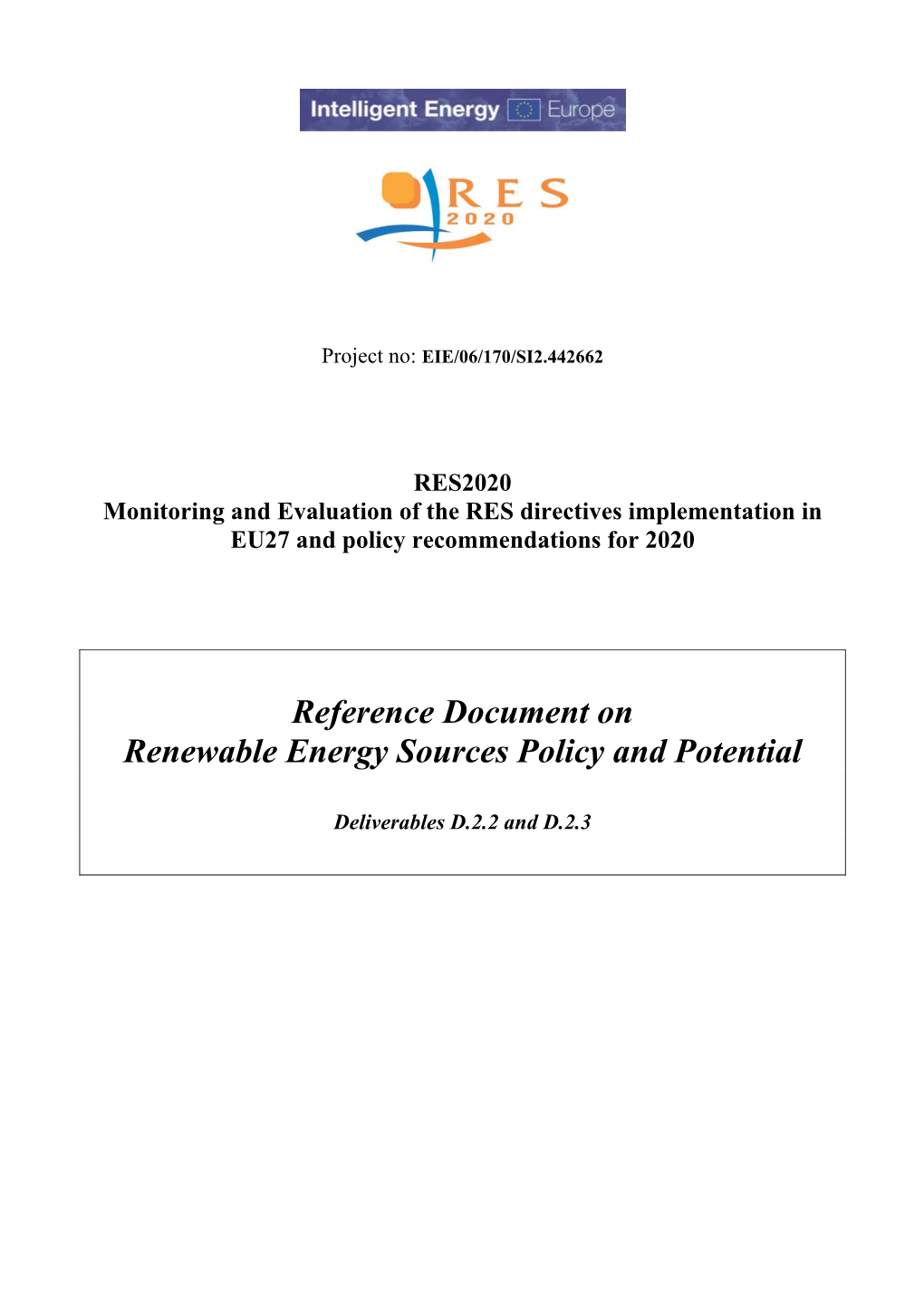 Reference Document on Renewable Energy Sources Policy and Potential