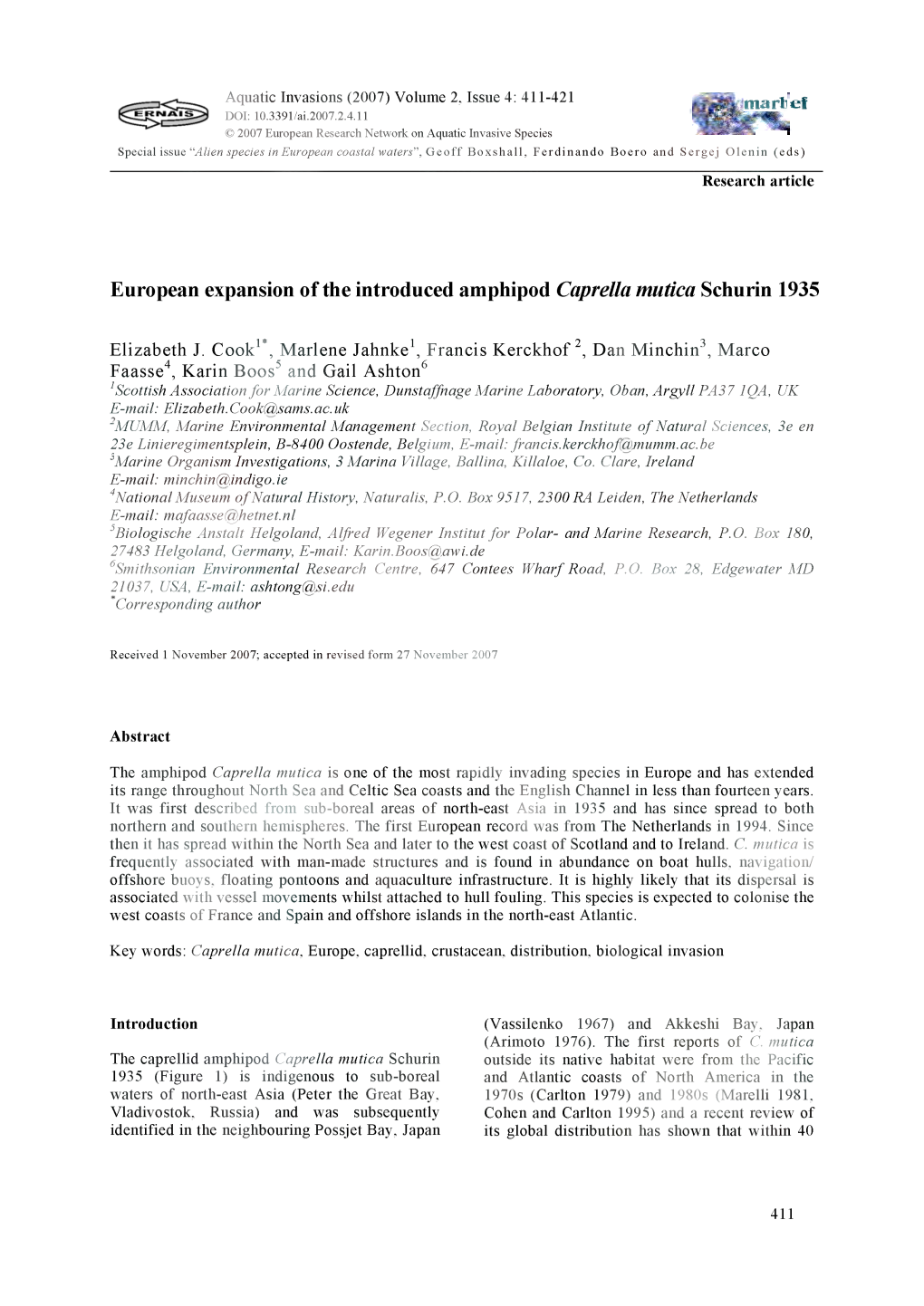 European Expansion of the Introduced Amphipodcaprella Mutica Schurin 1935