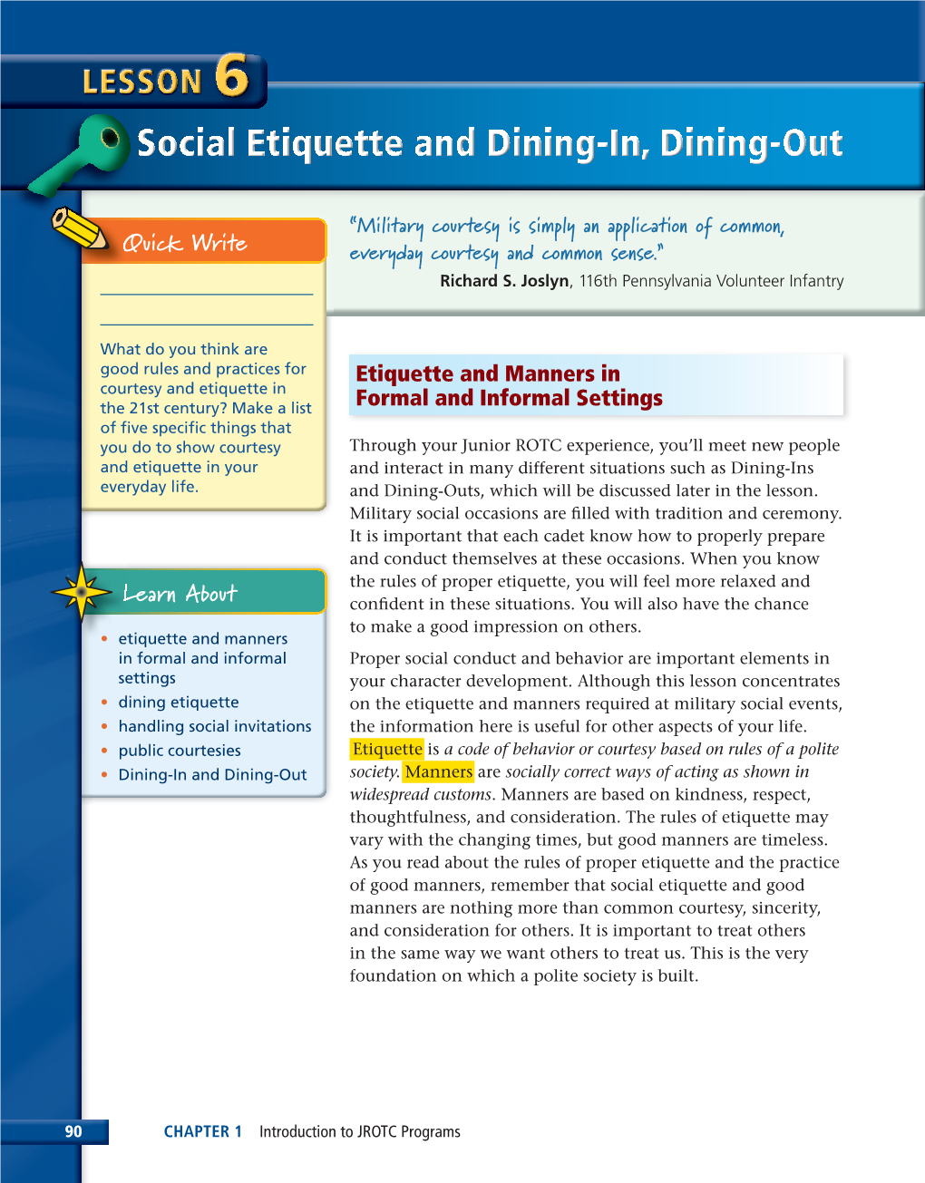 LESSON 6 Social Etiquette and Dining-In, Dining-Out