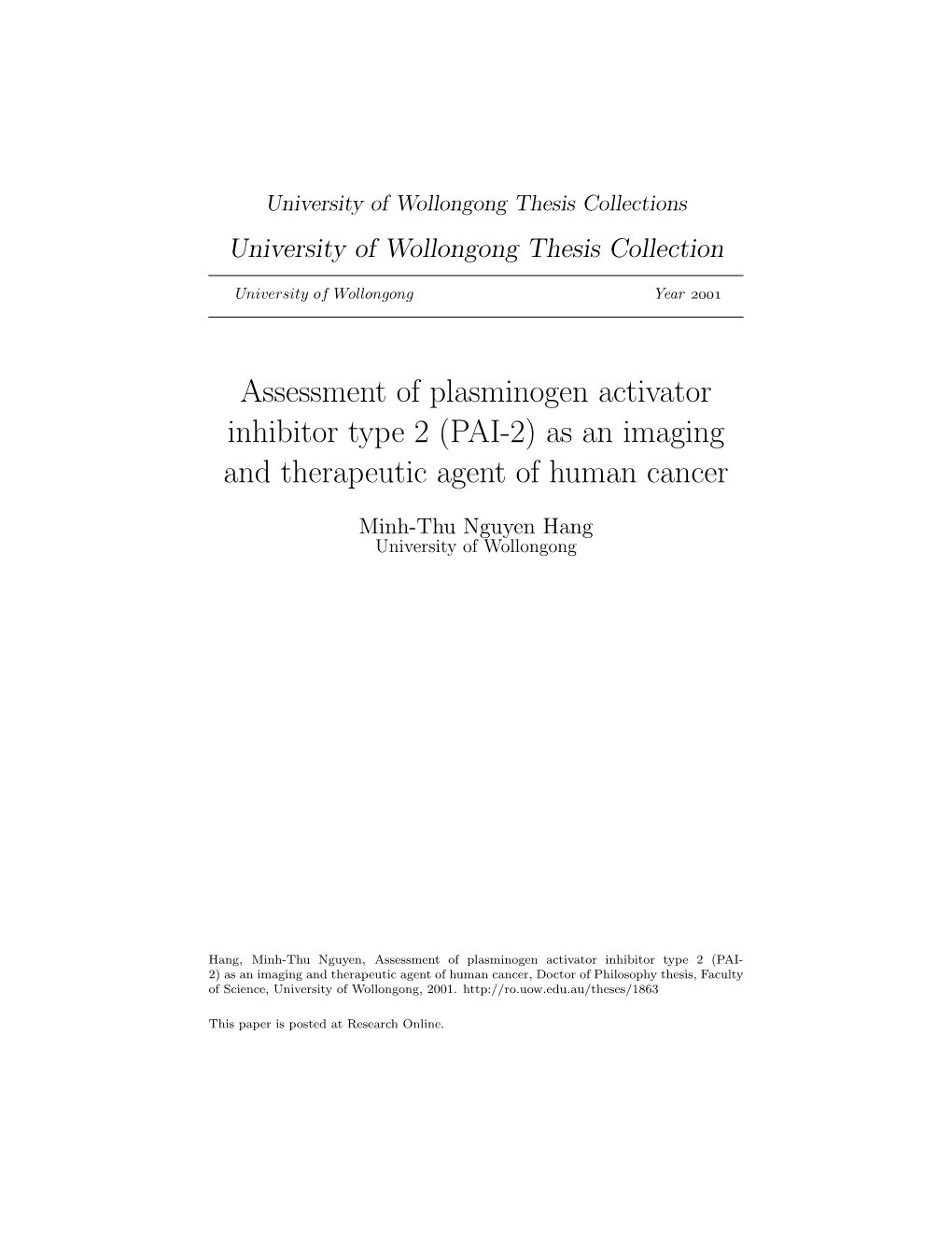 PAI-2) As an Imaging and Therapeutic Agent of Human Cancer