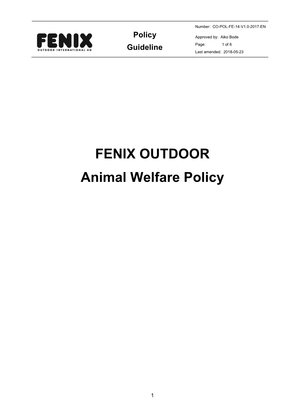 FENIX OUTDOOR Animal Welfare Policy