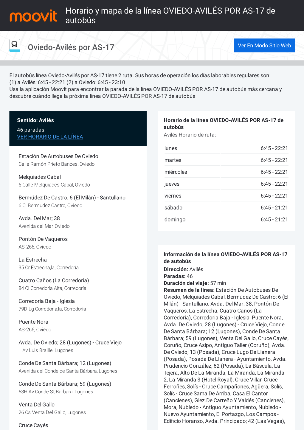 Horario Y Mapa De La Ruta OVIEDO-AVILÉS POR AS-17 De