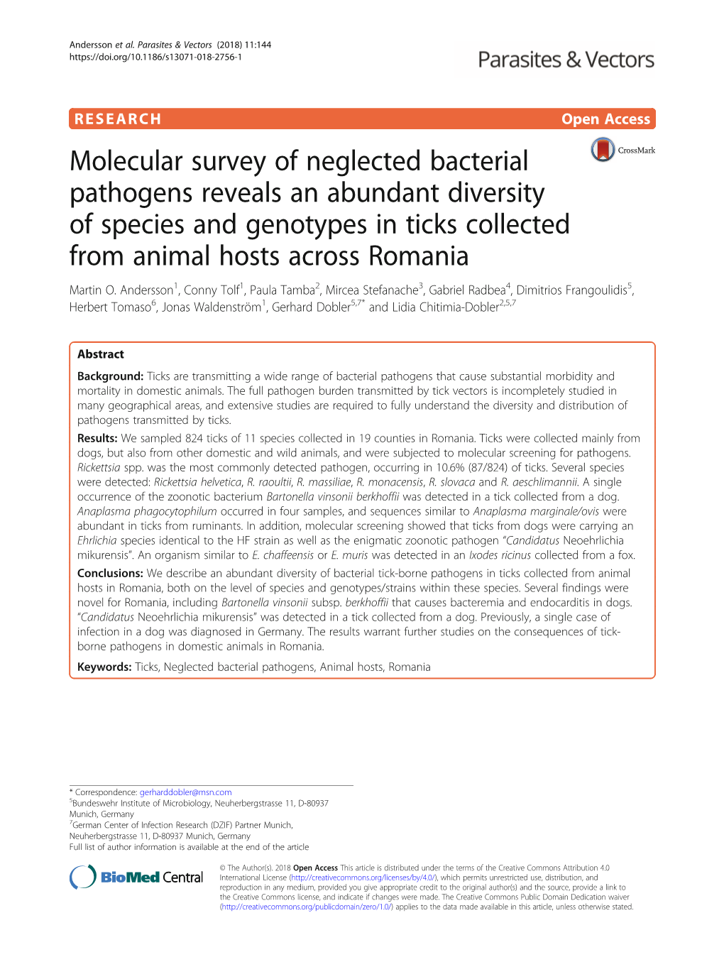 Molecular Survey of Neglected Bacterial Pathogens Reveals an Abundant Diversity of Species and Genotypes in Ticks Collected from Animal Hosts Across Romania Martin O