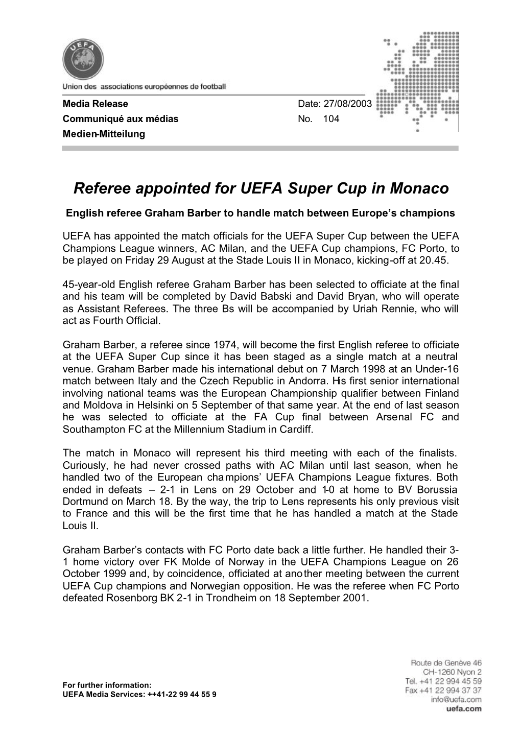 Referee Appointed for UEFA Super Cup in Monaco