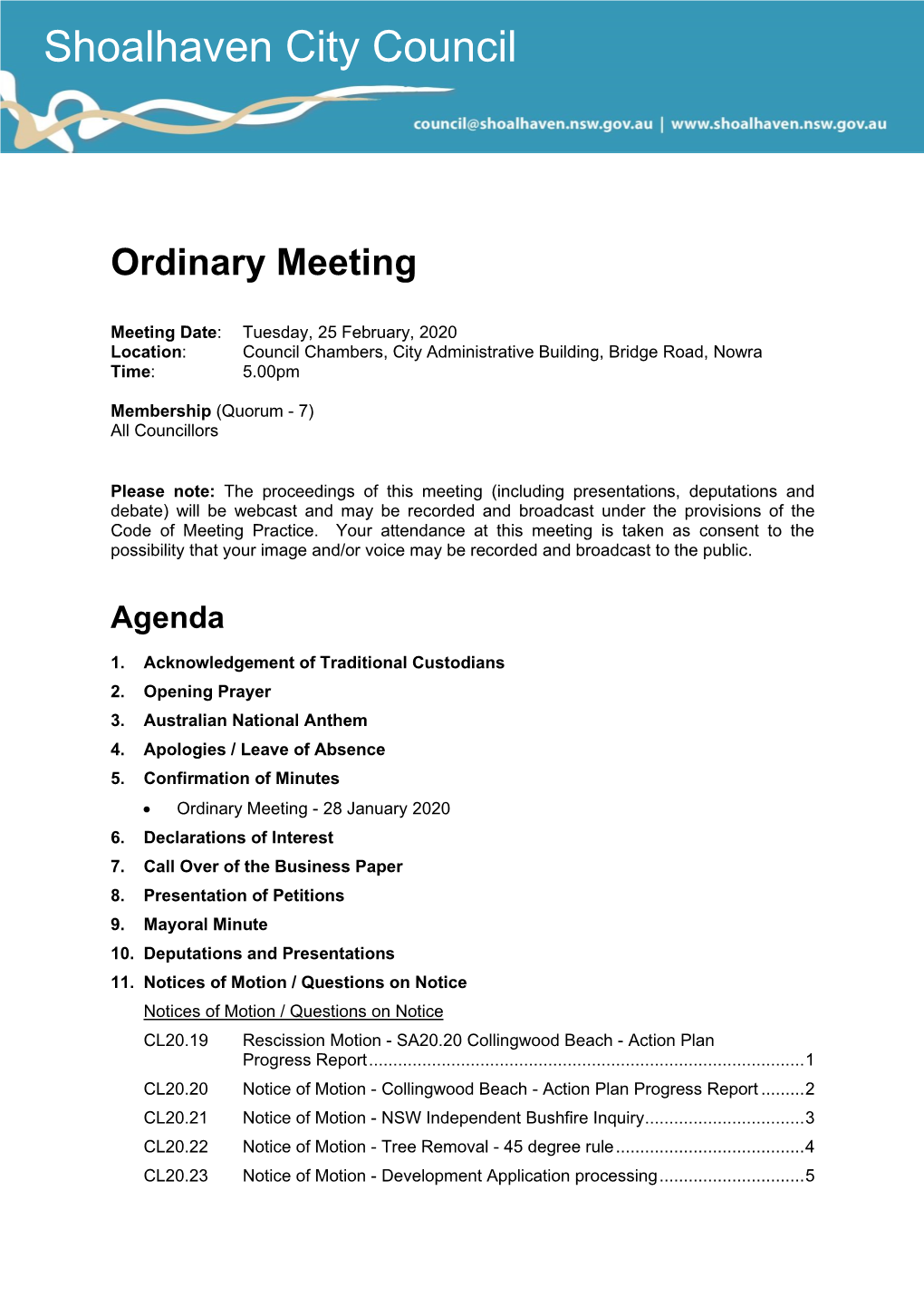 Agenda of Ordinary Meeting