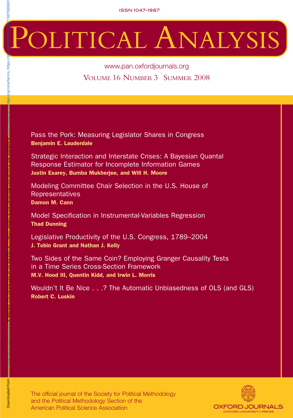 Political Analysis Is to Advance the ﬁeld of Political Two Sides of the Same Coin? Employing Granger Causality Tests Methodology, Broadly Deﬁned