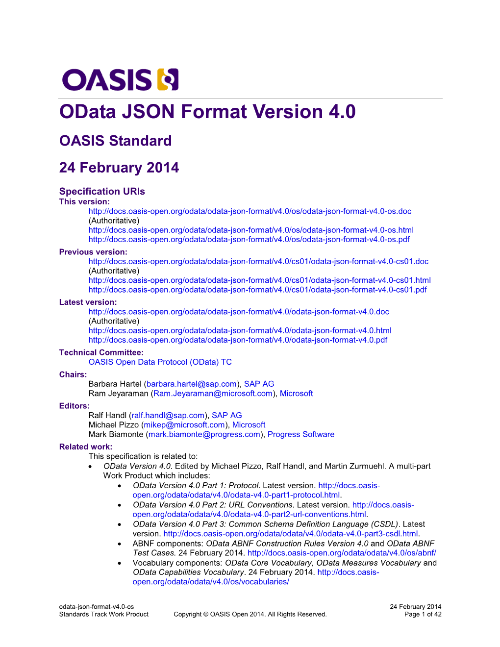 Odata JSON Format Version 4.0 OASIS Standard 24 February 2014