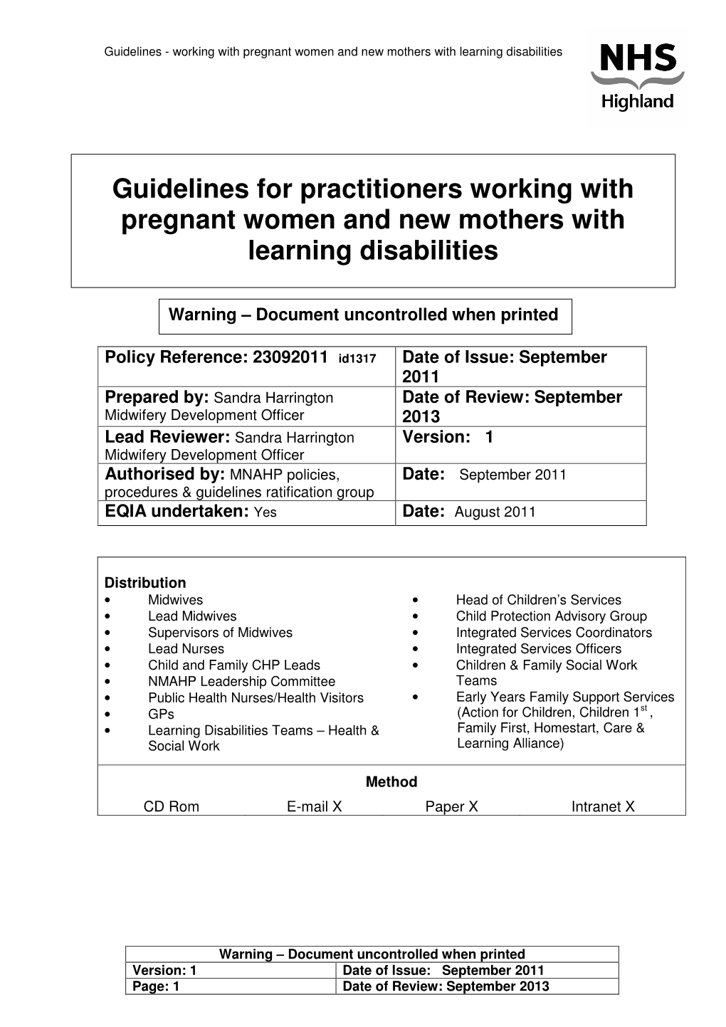 Guidelines for Practitioners Working with Pregnant Women and New Mothers with Learning Disabilities