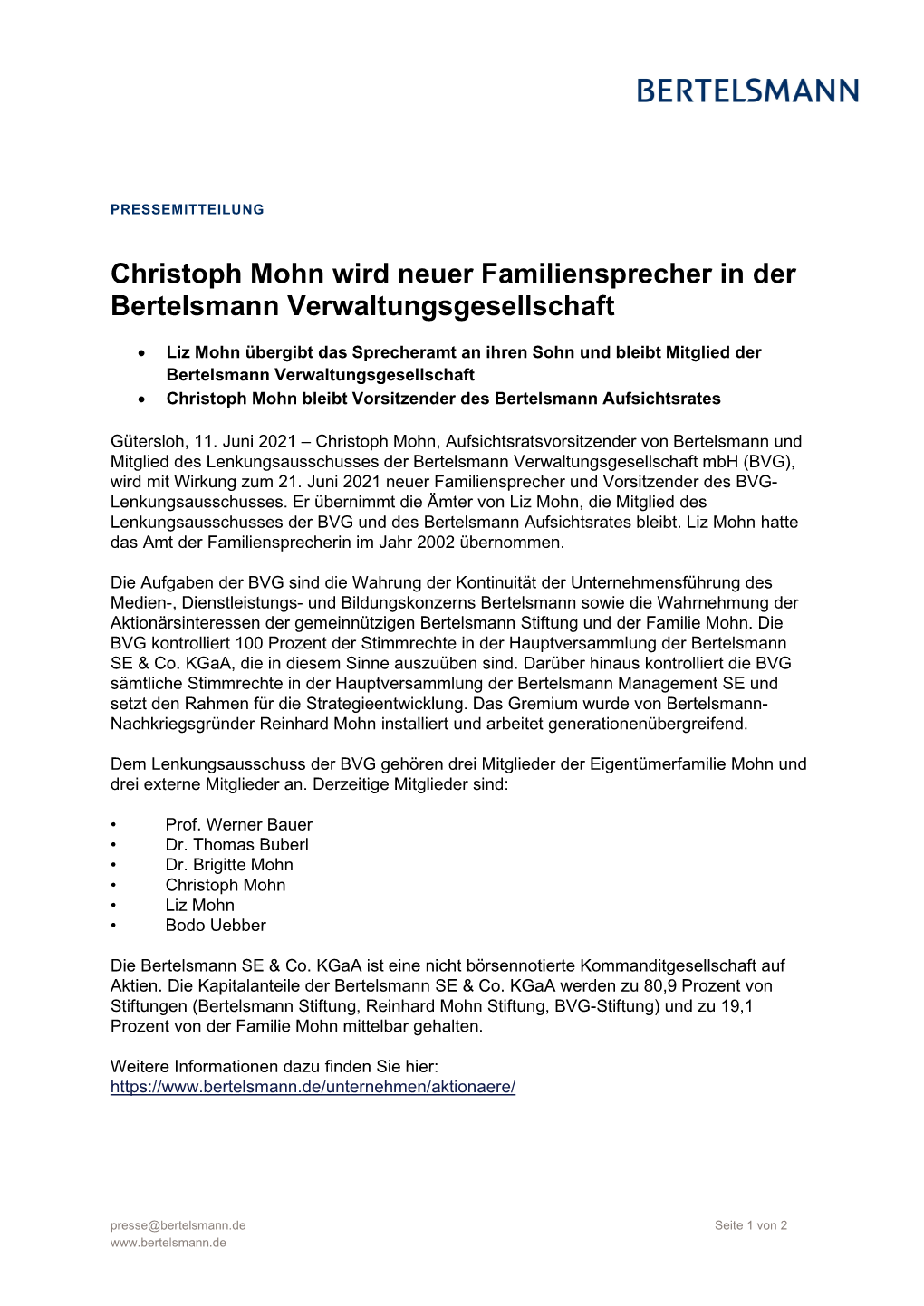 Christoph Mohn Wird Neuer Familiensprecher in Der Bertelsmann Verwaltungsgesellschaft