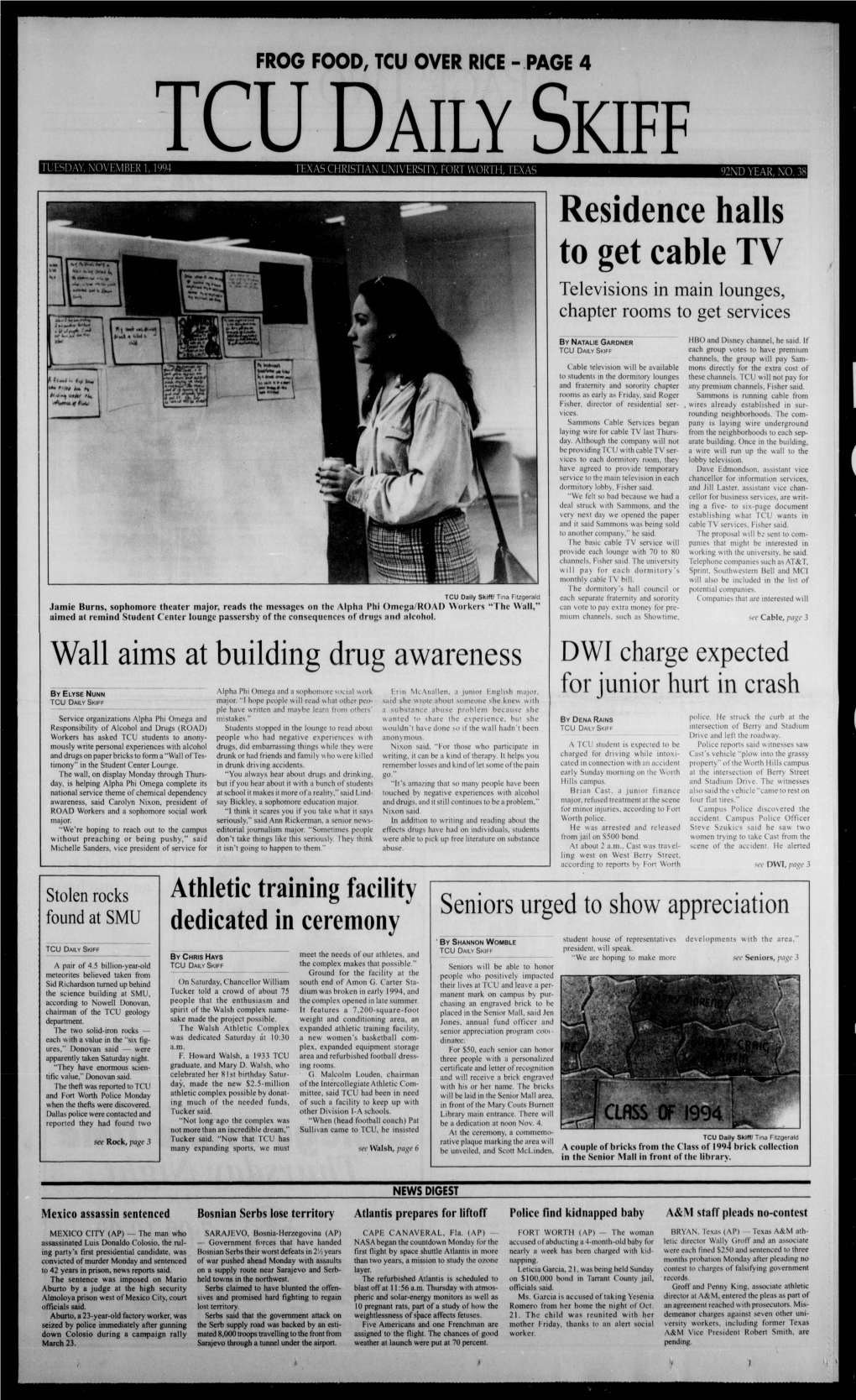 Tcu Daily Skiff Tuesday, November 1,1994 Texas Christian University, Fort Worth, Texas 92Nd Year, No