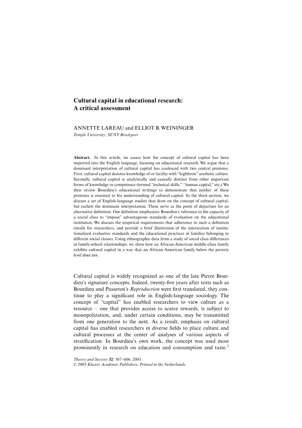 Cultural Capital in Educational Research: a Critical Assessment