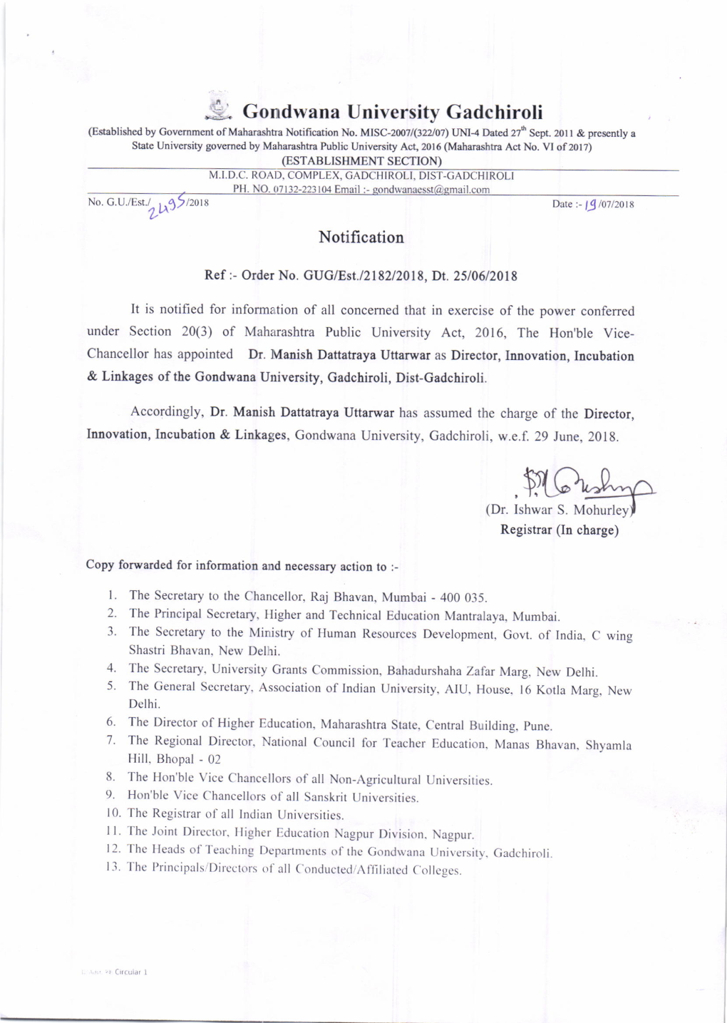 €. Gondwana University Gadchiroli (Established by Govemment of Maharashtra Notification No