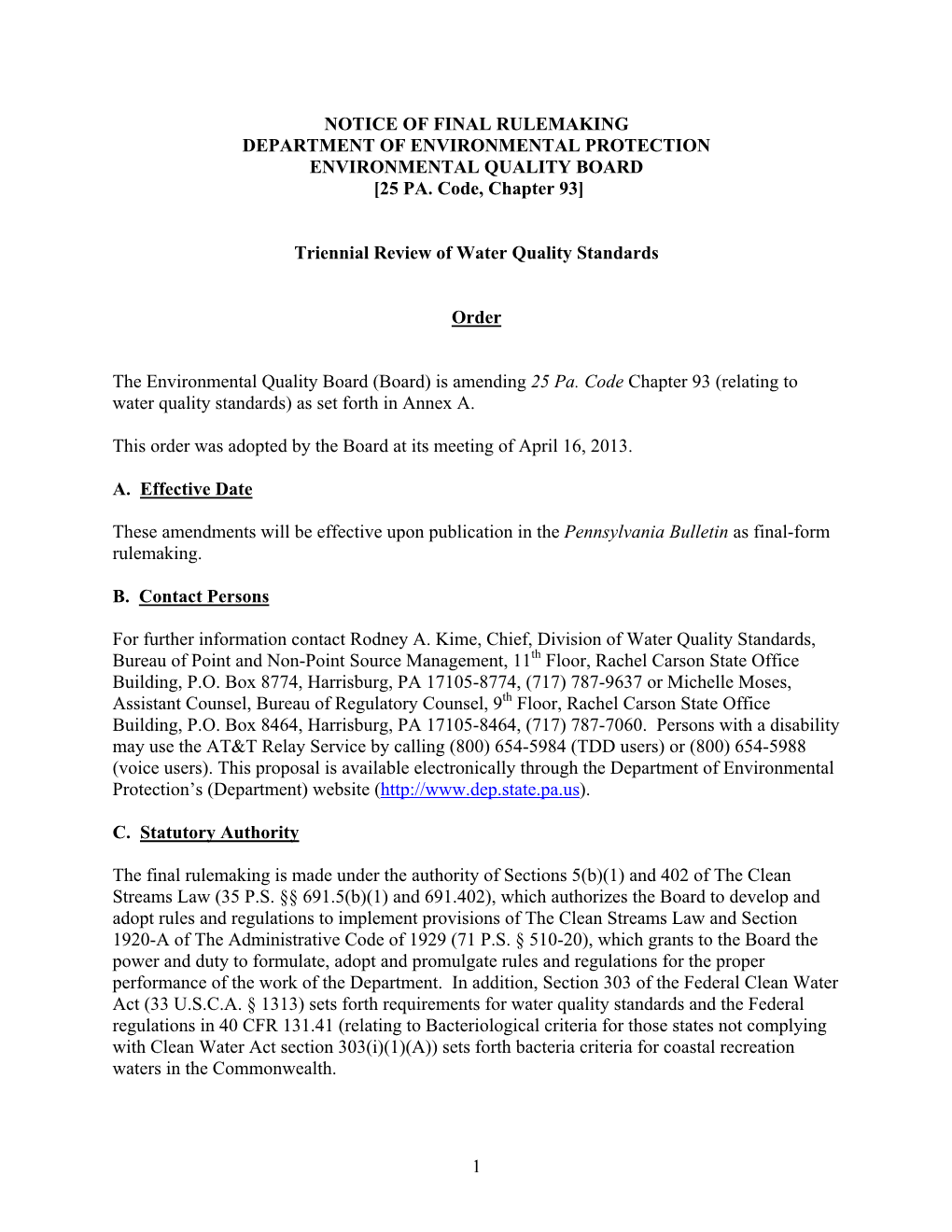 1 Notice of Final Rulemaking Department Of
