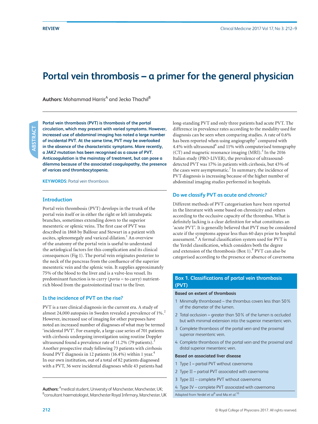Portal Vein Thrombosis – a Primer for the General Physician