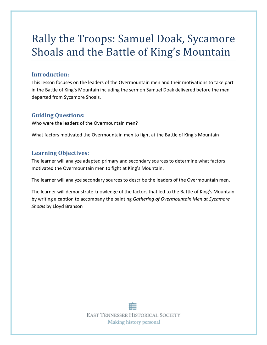 Samuel Doak, Sycamore Shoals and the Battle of King's Mountain