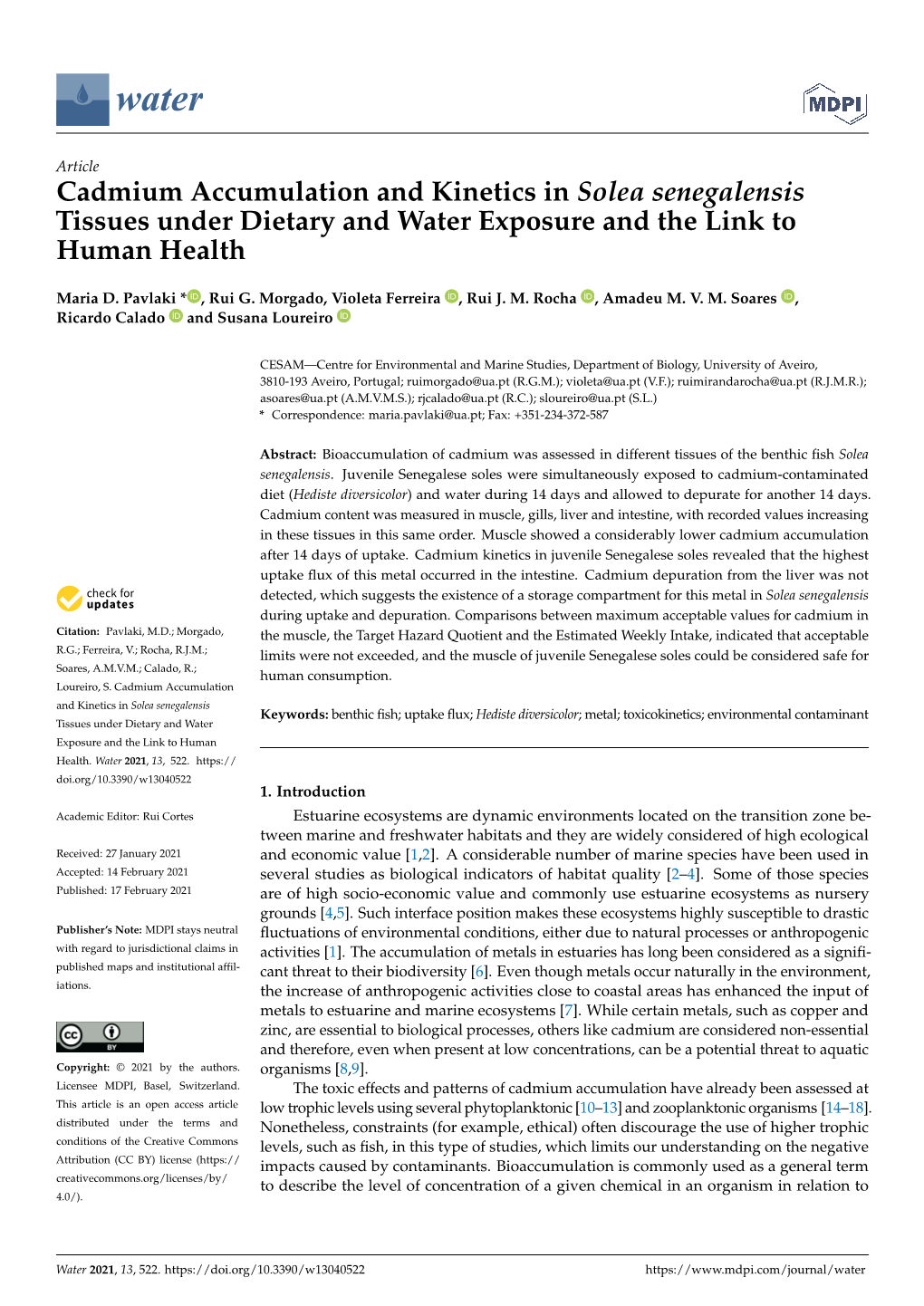Cadmium Accumulation and Kinetics in Solea Senegalensis Tissues Under Dietary and Water Exposure and the Link to Human Health