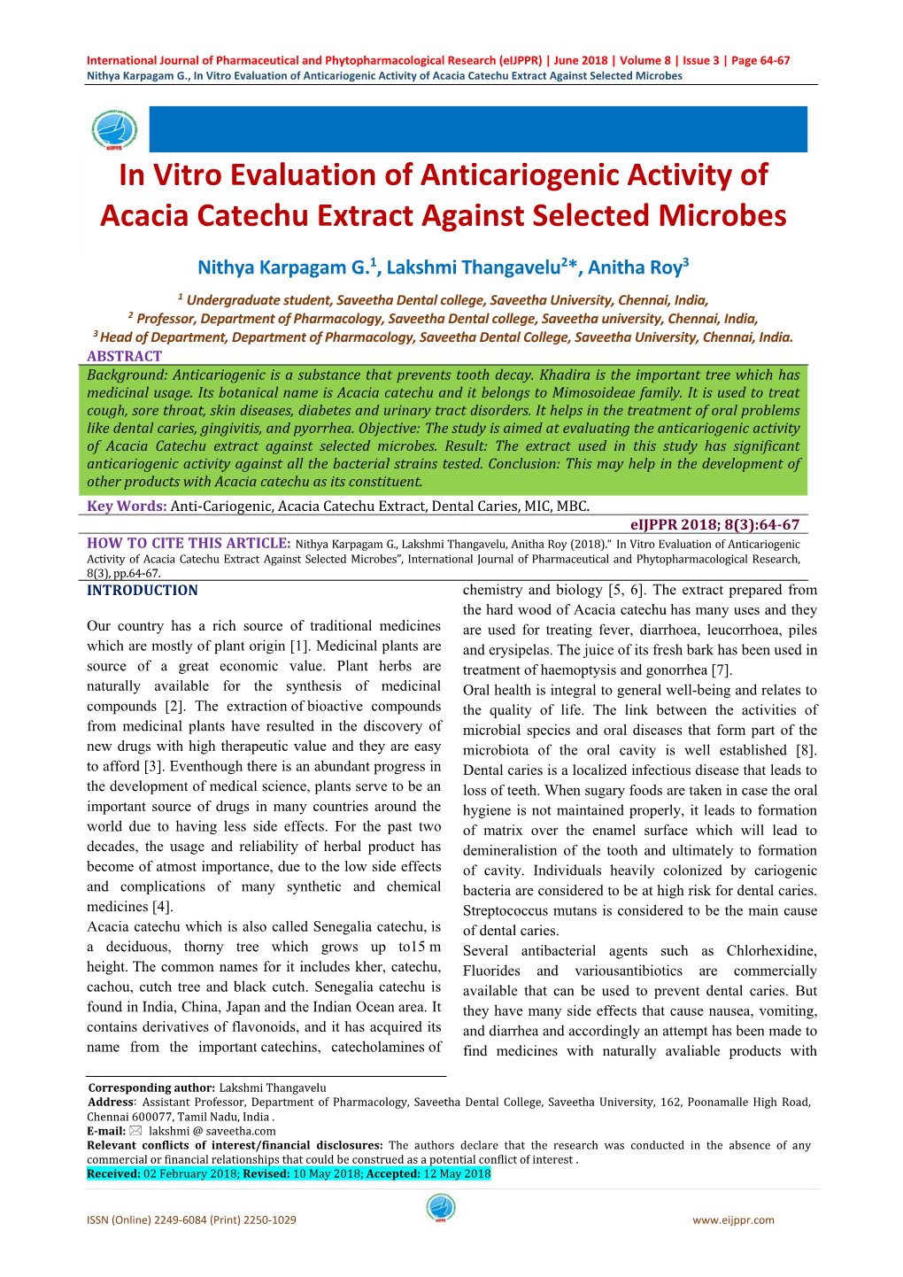 In Vitro Evaluation of Anticariogenic Activity of Acacia Catechu Extract Against Selected Microbes