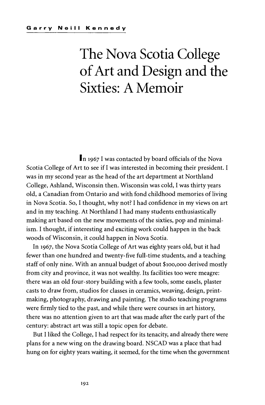 The Nova Scotia College of Art and Design and the Sixties: a Memoir