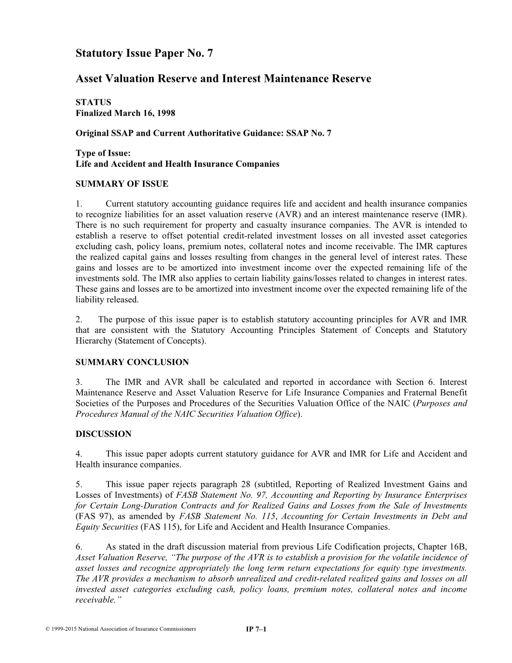 Statutory Issue Paper No. 7 Asset Valuation Reserve