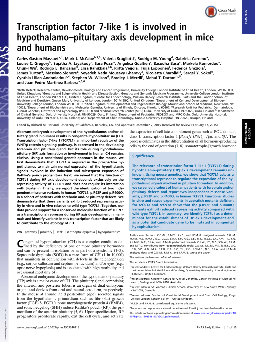 Transcription Factor 7-Like 1 Is Involved in Hypothalamo–Pituitary Axis