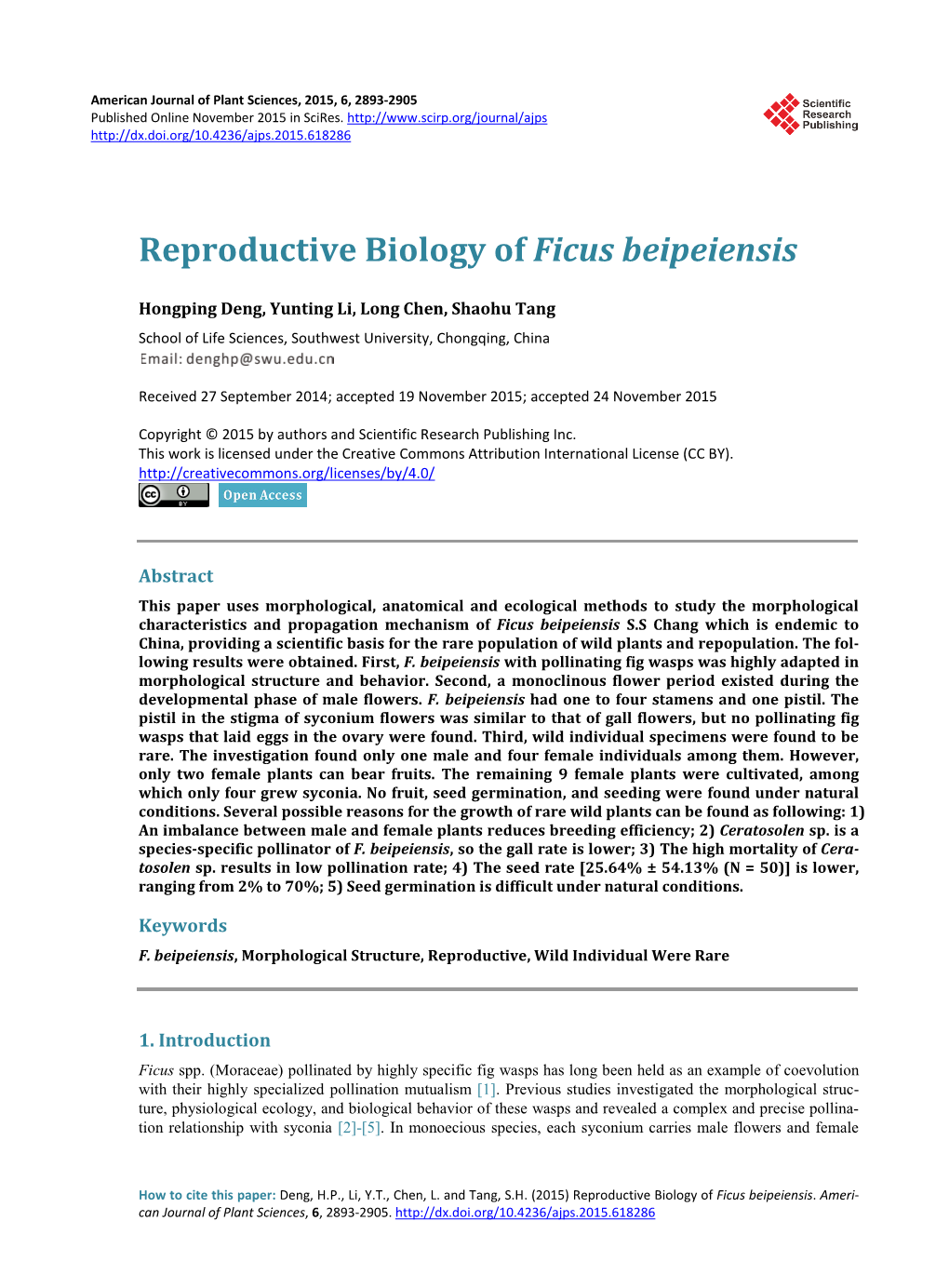 Reproductive Biology of Ficus Beipeiensis
