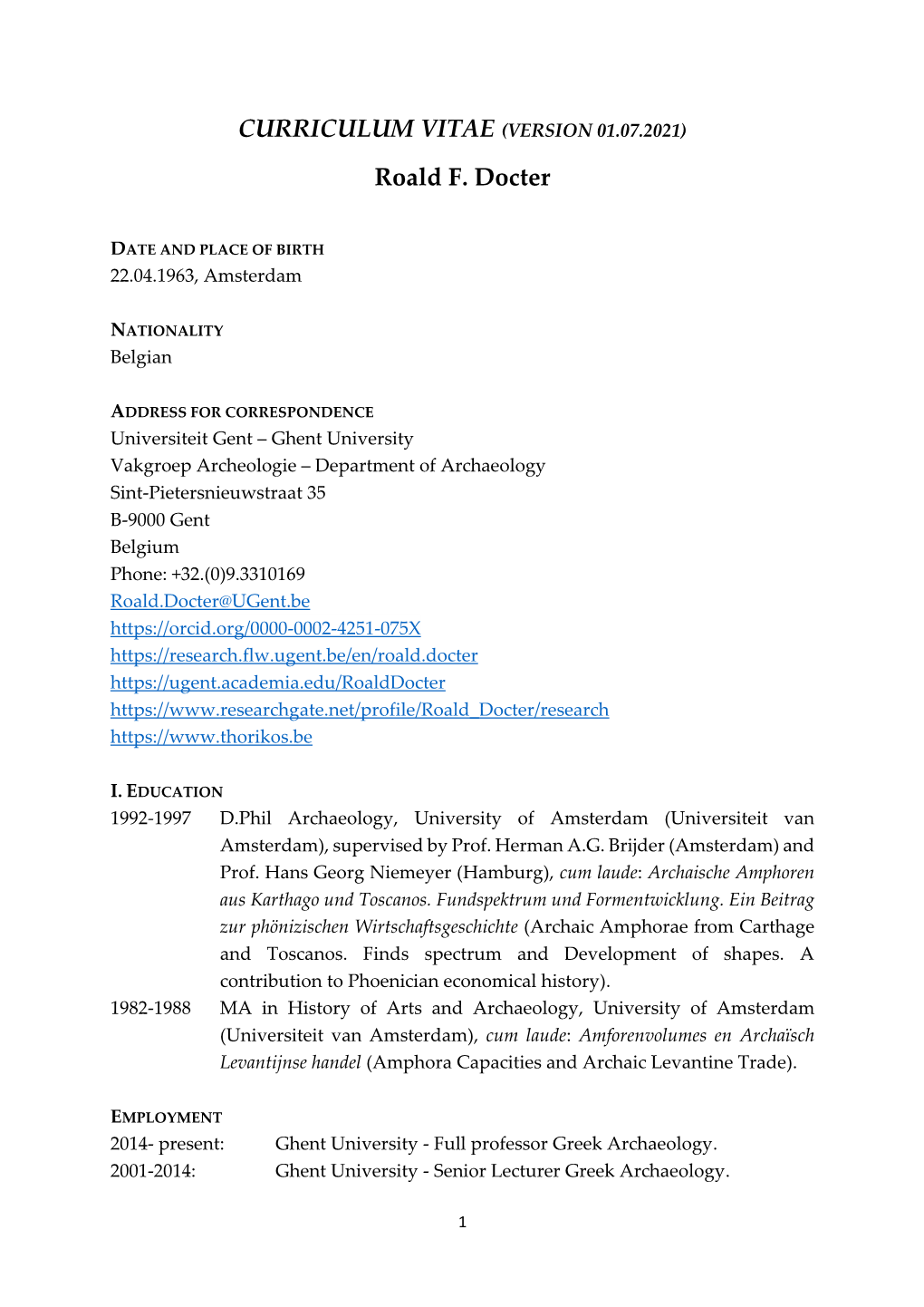 CURRICULUM VITAE (VERSION 01.07.2021) Roald F. Docter