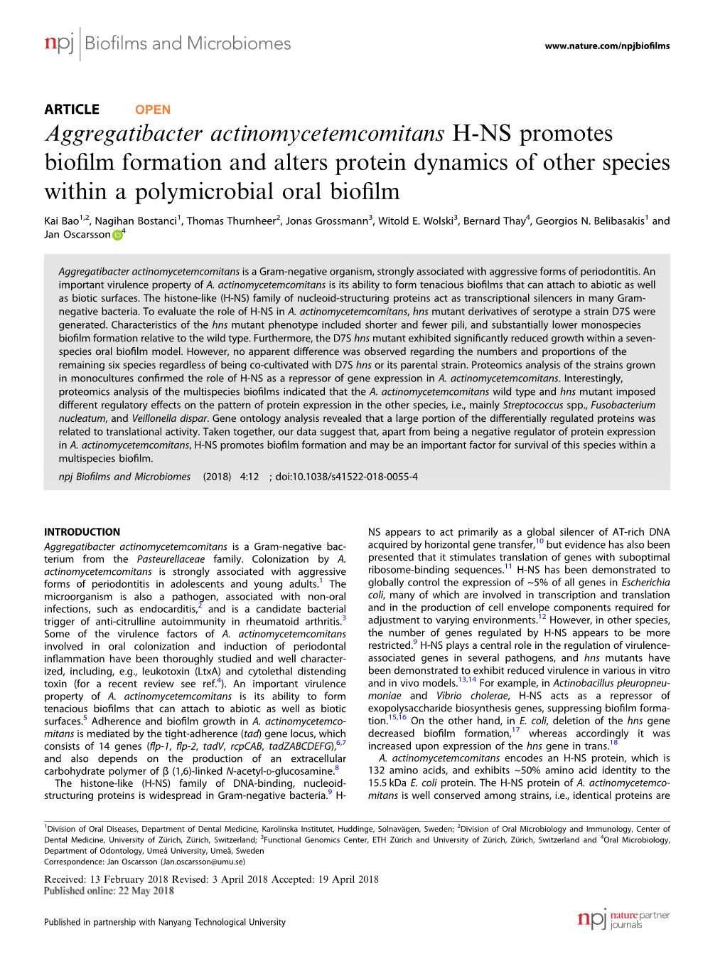 Aggregatibacter Actinomycetemcomitans H-NS Promotes Bioﬁlm Formation and Alters Protein Dynamics of Other Species Within a Polymicrobial Oral Bioﬁlm