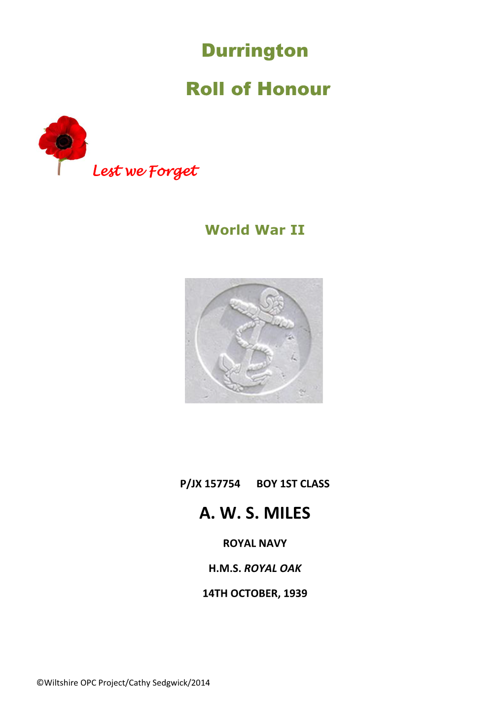 Durrington Roll of Honour A. W. S. MILES