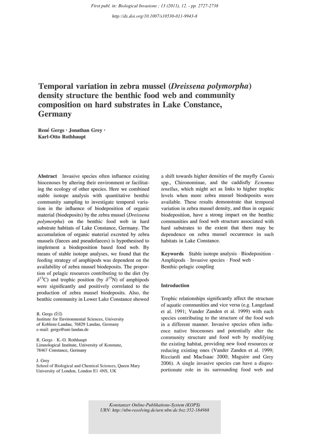 Temporal Variation in Zebra Mussel (Dreissena Polymorpha) Density