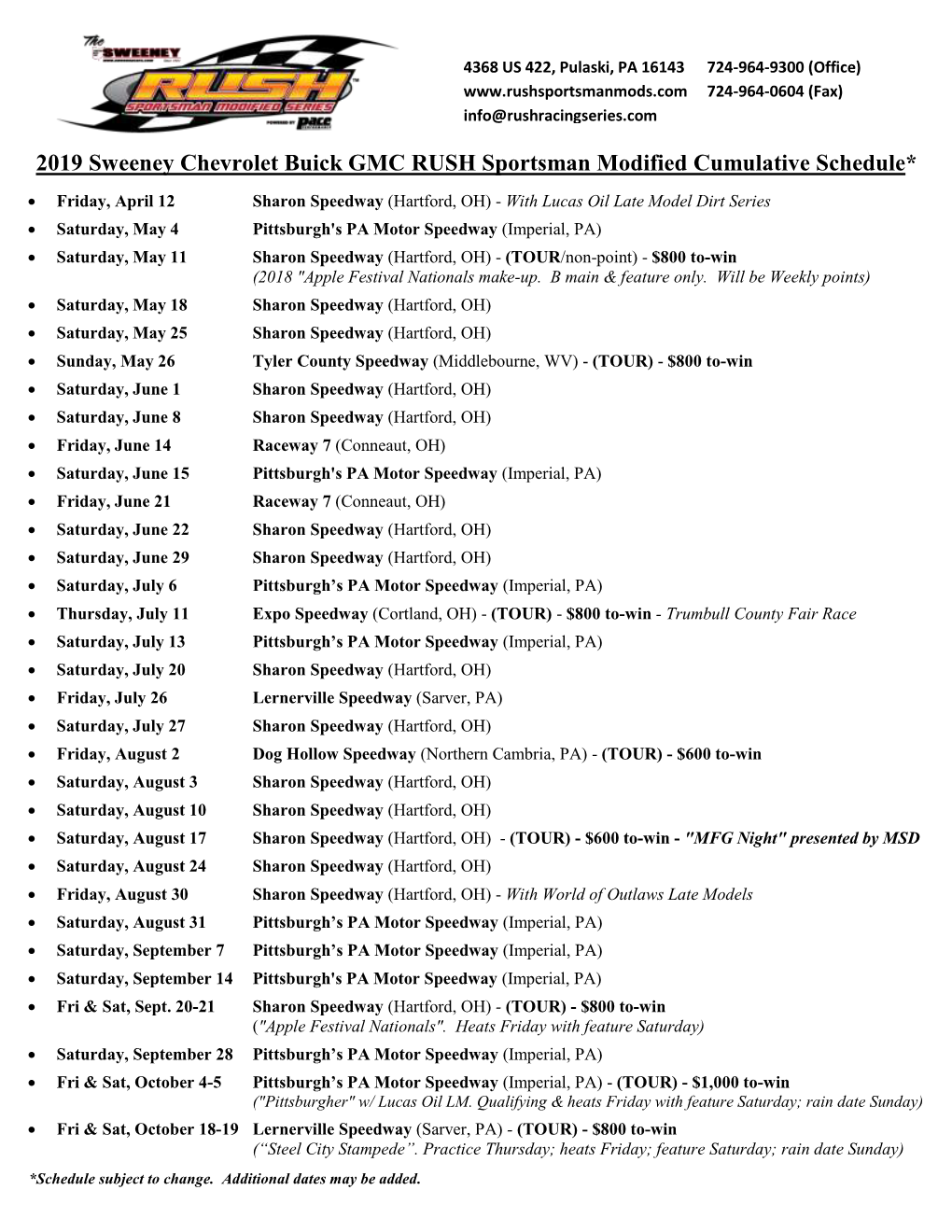 2019 Sweeney Chevrolet Buick GMC RUSH Sportsman Modified Cumulative Schedule*