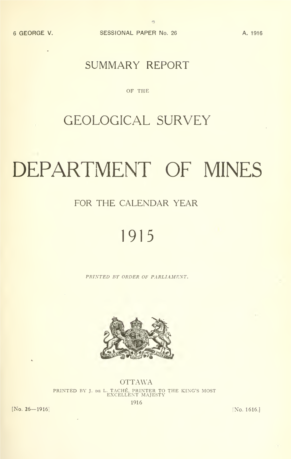 Summary Report of the Geological Survey Department of Mines, for The