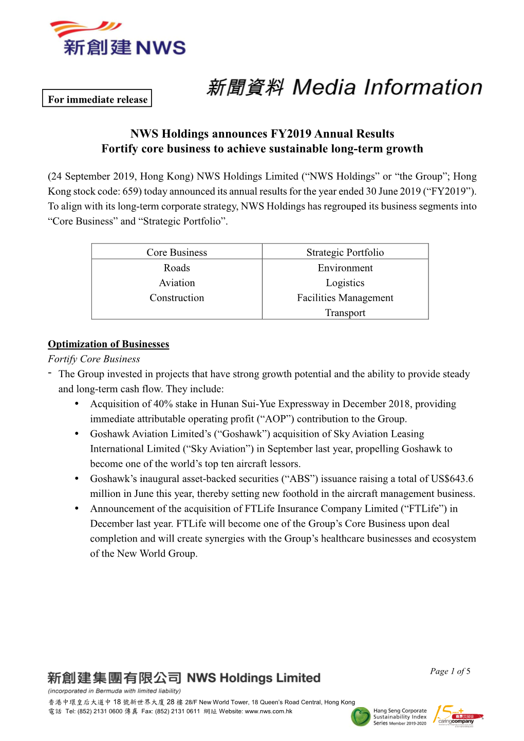 NWS Holdings Announces FY2019 Annual Results Fortify Core Business to Achieve Sustainable Long-Term Growth