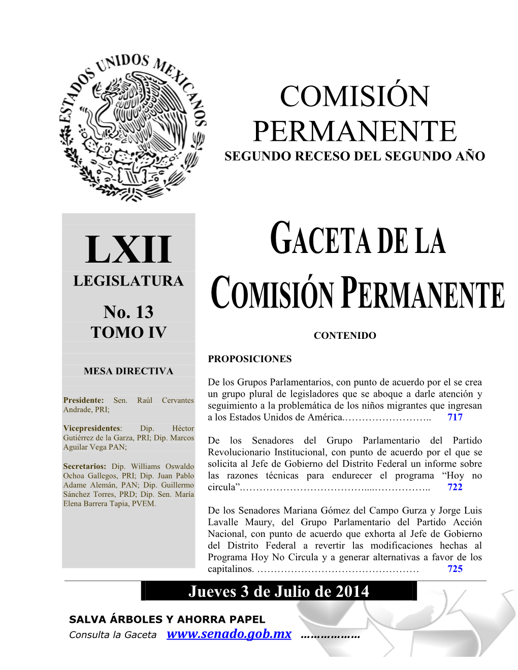 Gaceta De La Comisión Permanente Del Día Miércoles 25 De Junio De 2014