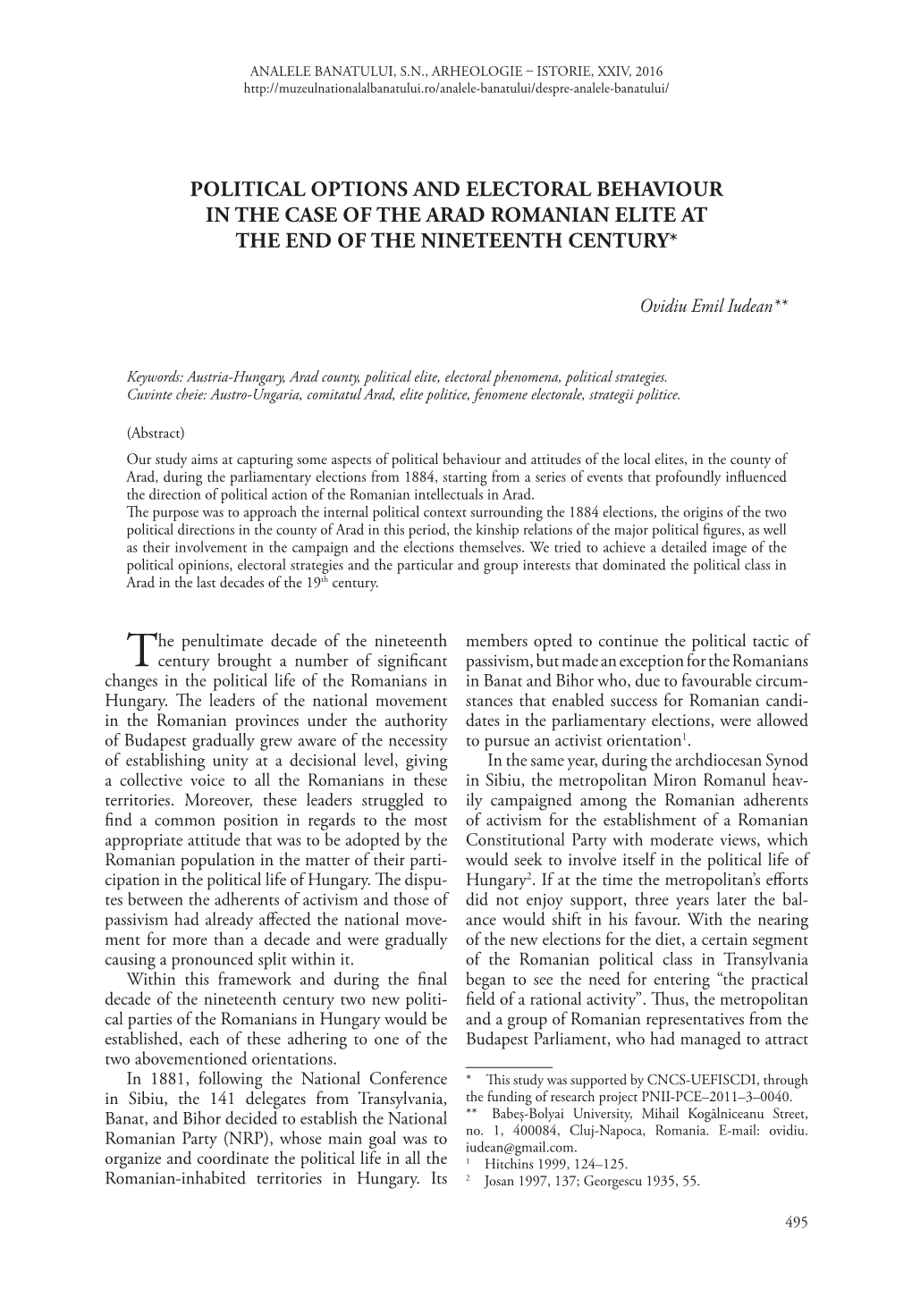 Political Options and Electoral Behaviour in the Case of the Arad Romanian Elite at the End of the Nineteenth Century*