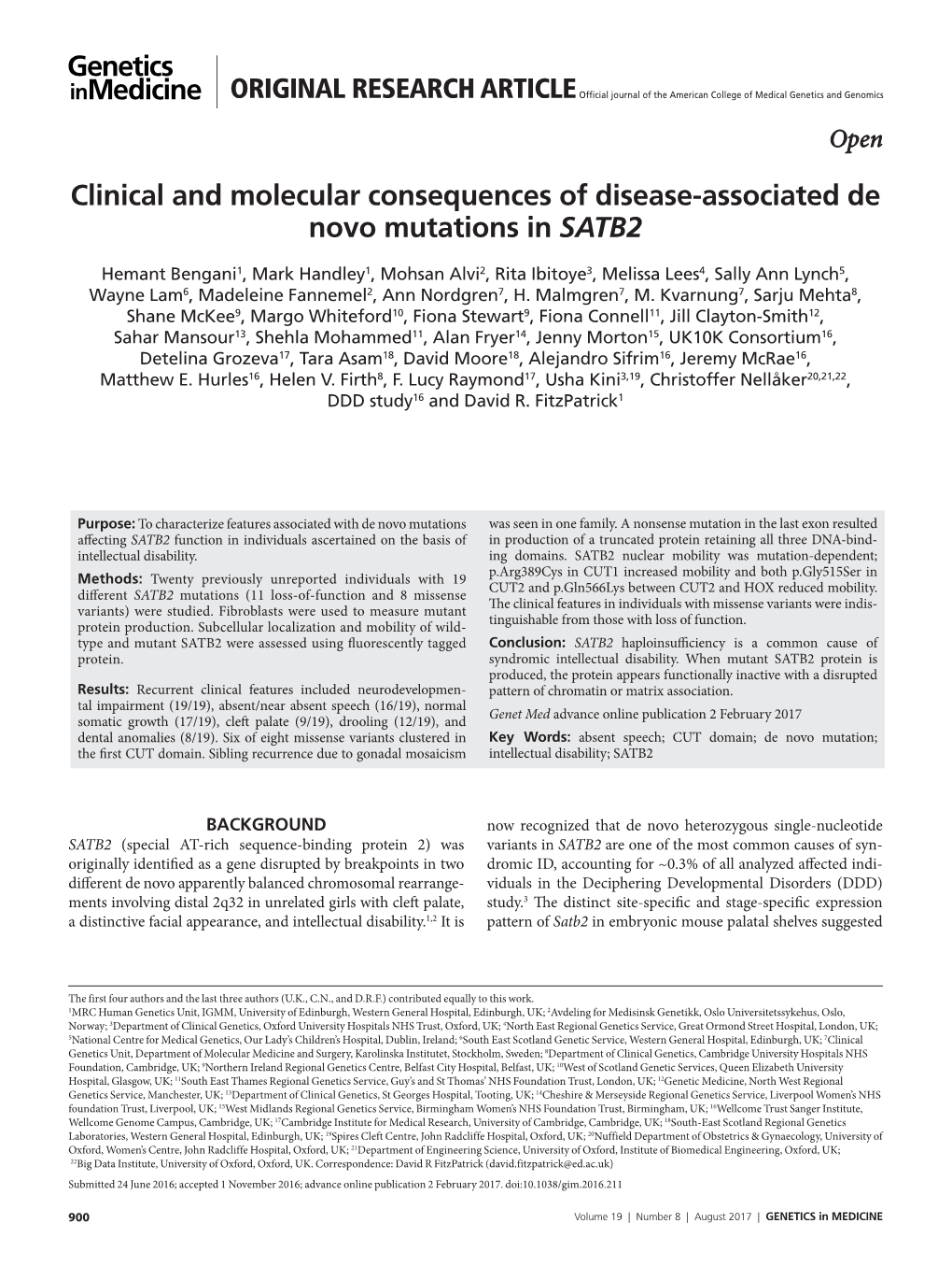 Clinical and Molecular Consequences of Disease-Associated De Novo Mutations in SATB2