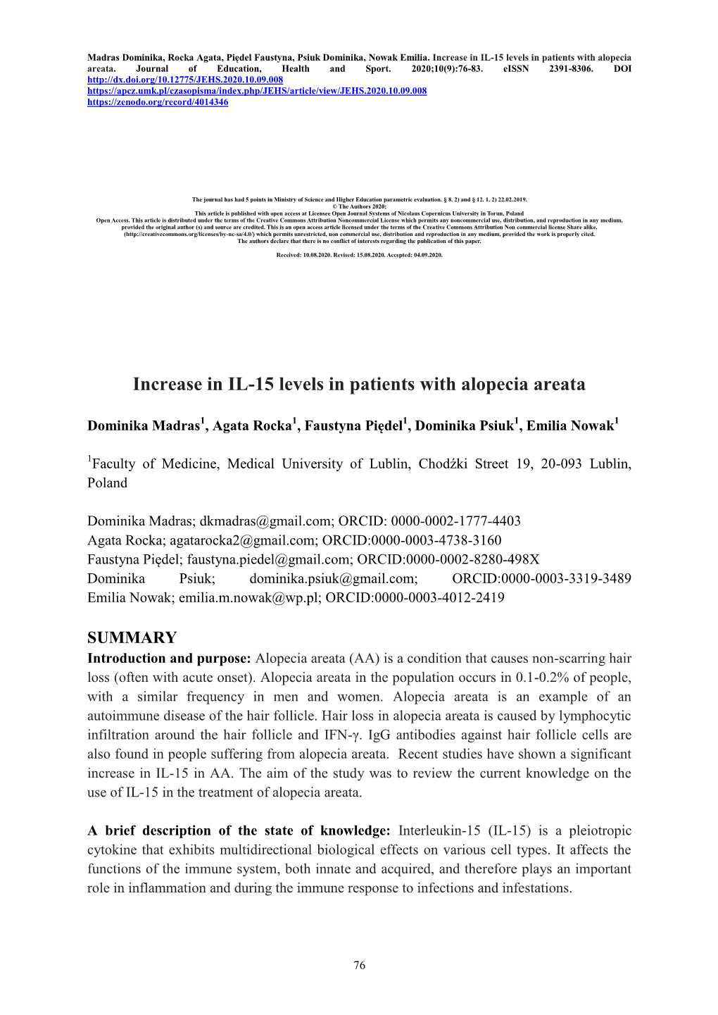 Increase in IL-15 Levels in Patients with Alopecia Areata