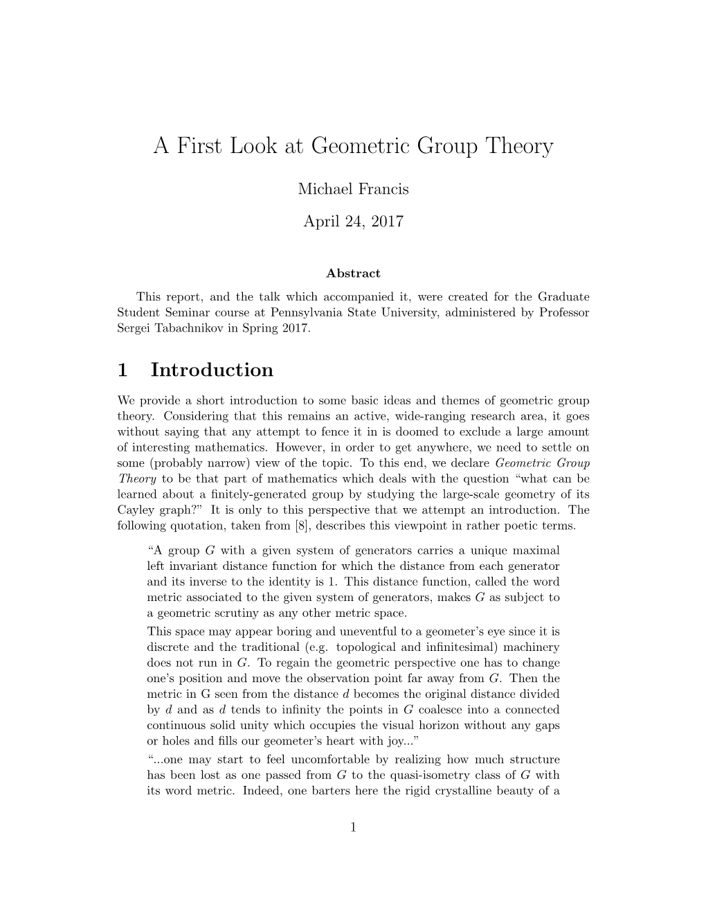 A First Look at Geometric Group Theory