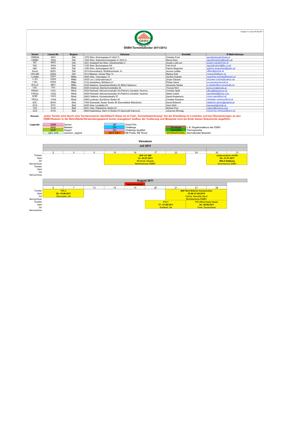 ÖSBV-Terminkalender 2011/2012 Vorsaison Juli 2011 August 2011