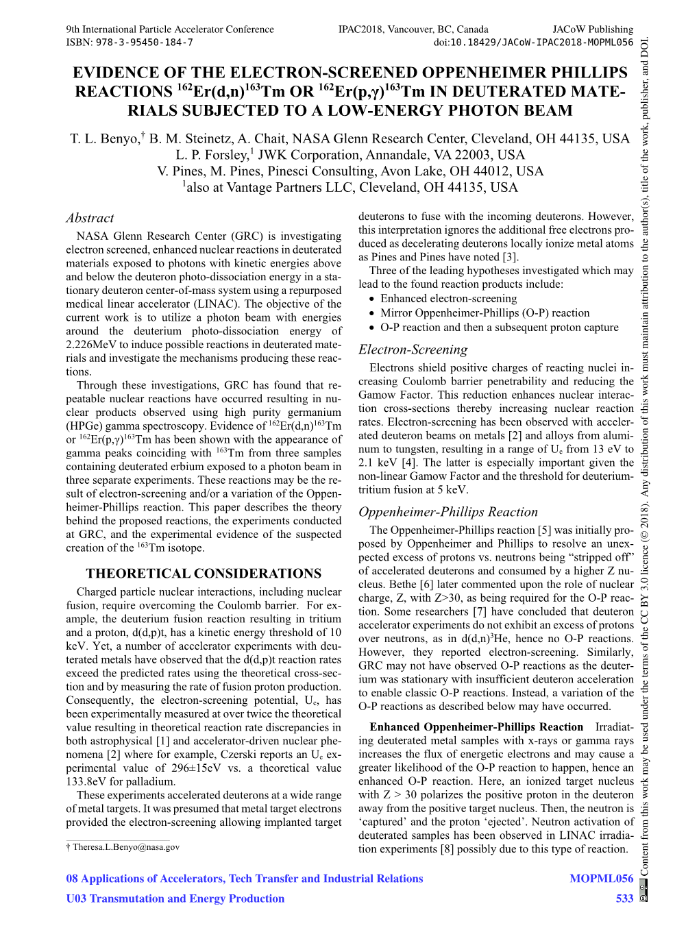 EVIDENCE of the ELECTRON-SCREENED OPPENHEIMER PHILLIPS REACTIONS 162Er(D,N)163Tm OR 162Er(P,Γ)163Tm in DEUTERATED MATE- RIALS SUBJECTED to a LOW-ENERGY PHOTON BEAM T