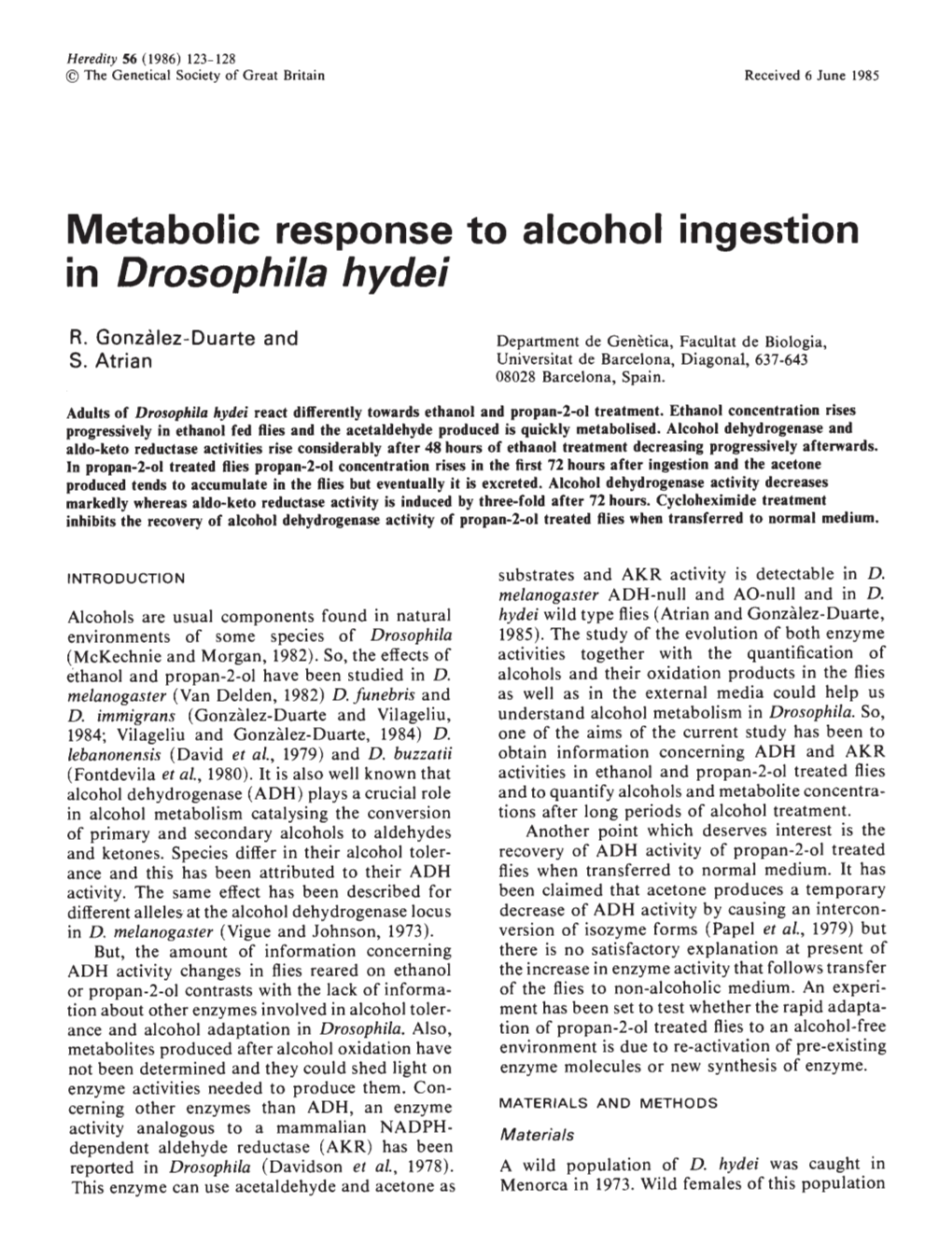 Metabolic Response to Alcohol Ingestion in Drosophila Hydei