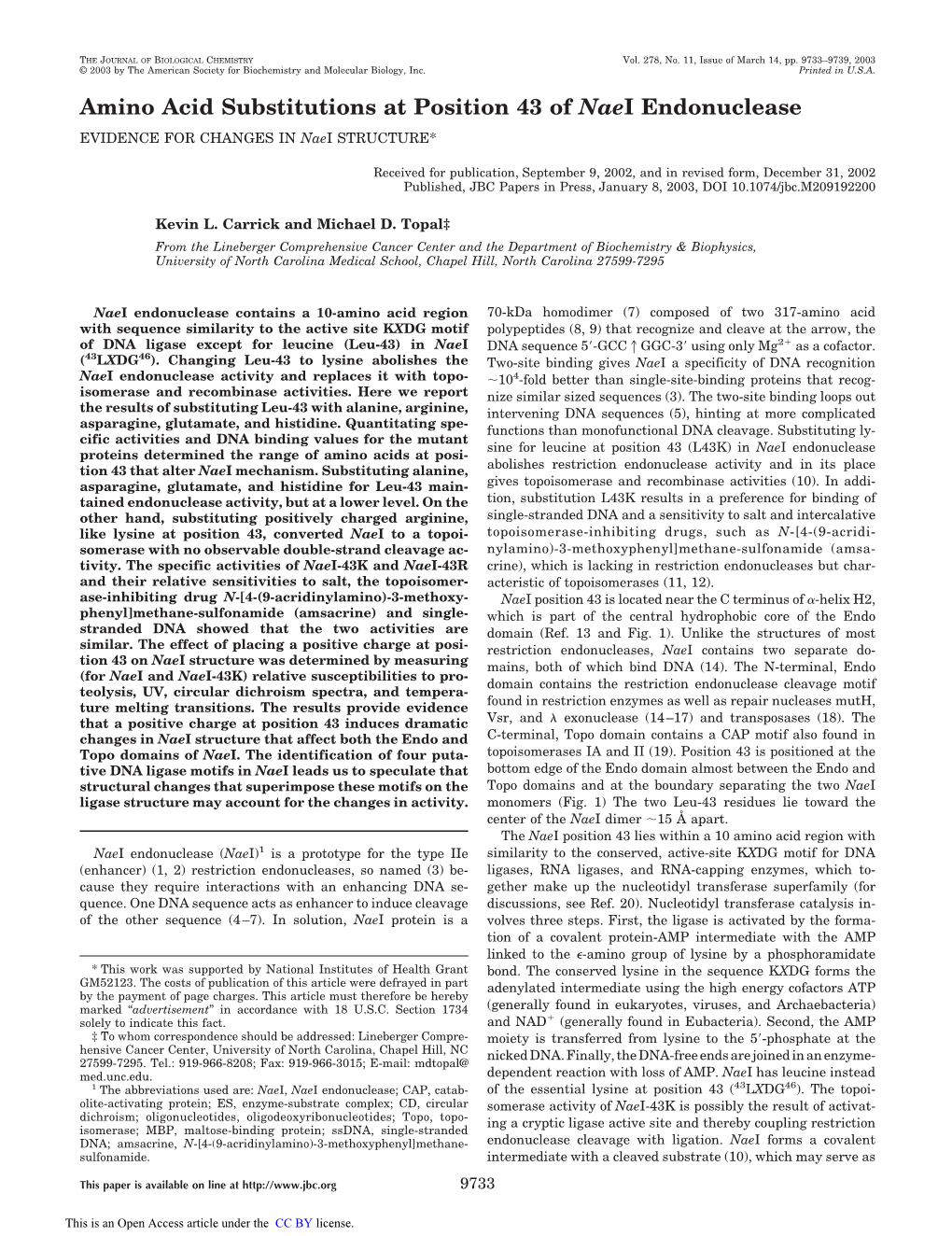 Amino Acid Substitutions at Position 43 of Naei Endonuclease EVIDENCE for CHANGES in Naei STRUCTURE*